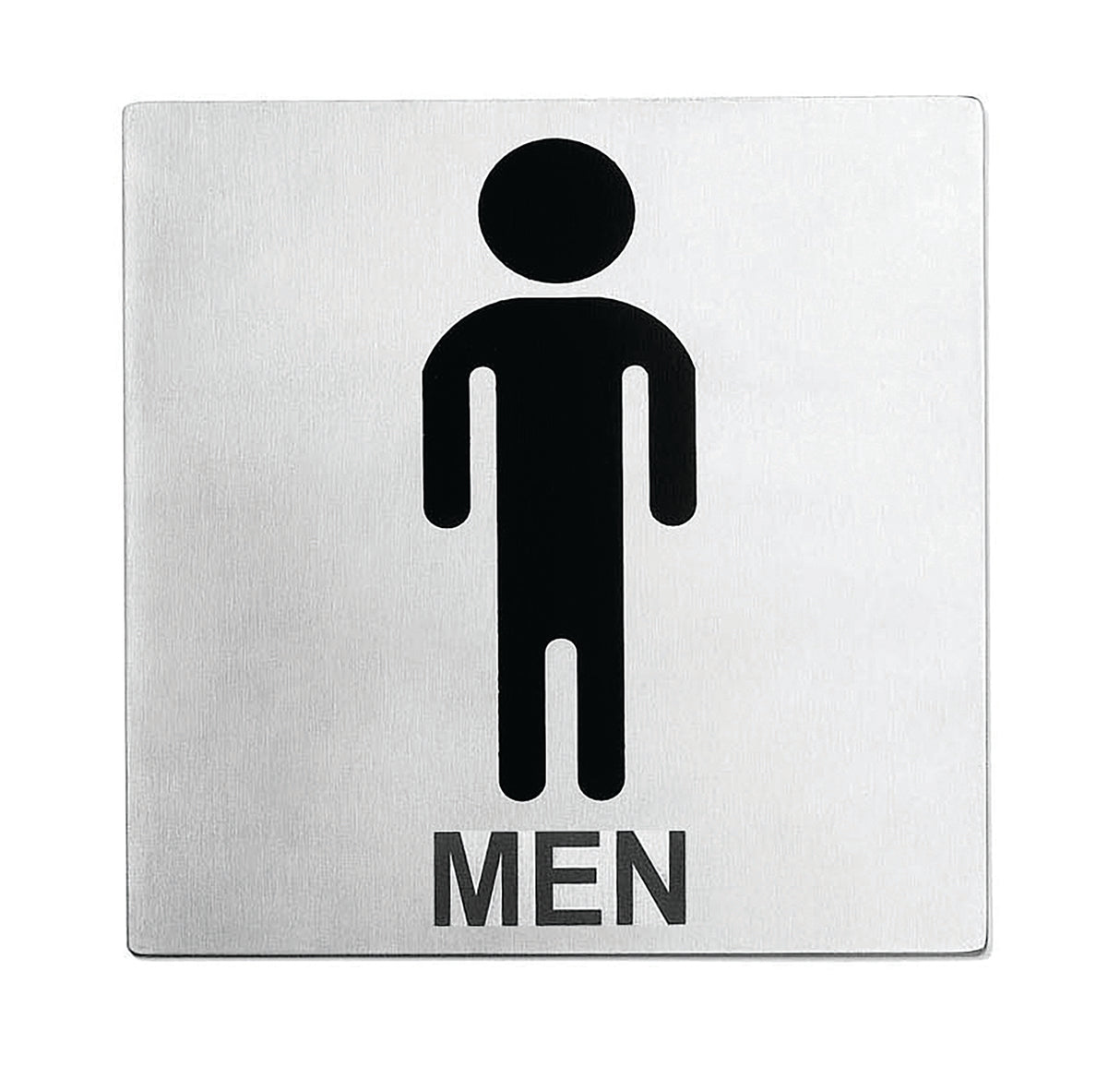 A stainless steel Men Restroom Sign featuring a simple black stick figure above the bold word MEN. The minimalistic design is easy to read and comes with pressure sensitive adhesive for effortless installation.