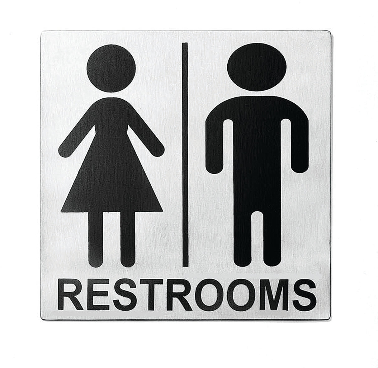 A stainless steel restroom sign with black icons: a figure in a dress on the left and one in pants on the right, divided by a vertical line. RESTROOMS is printed below in bold uppercase letters. Features pressure sensitive adhesive for easy mounting.