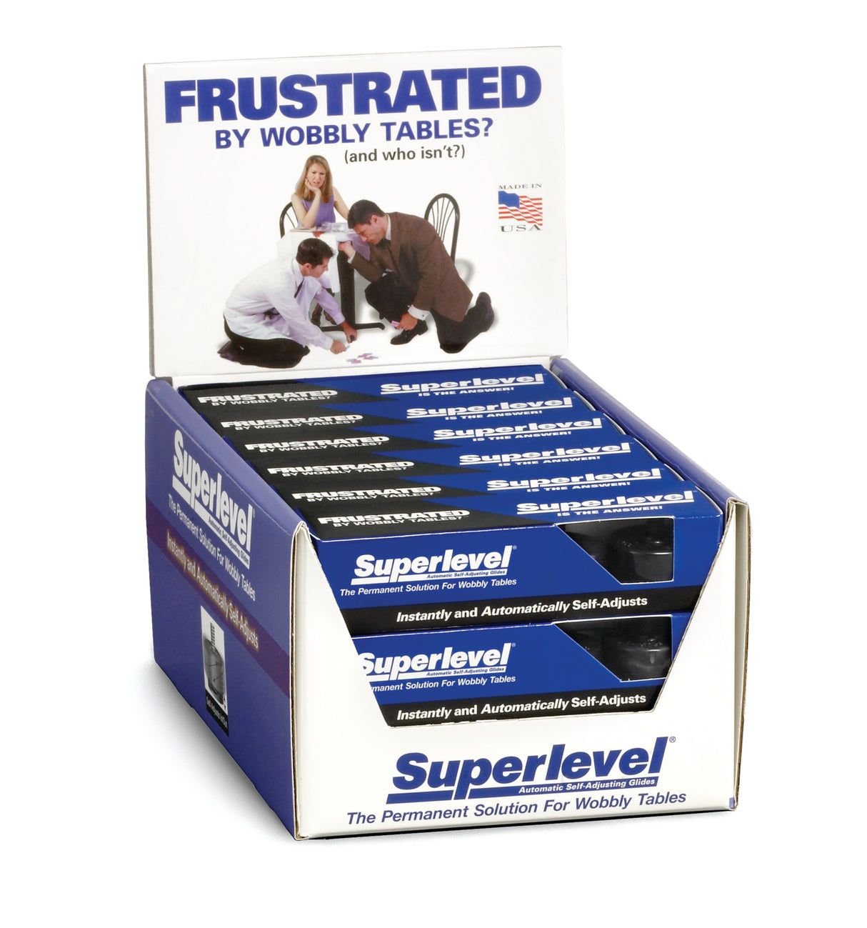 A Superlevel Counter Display showcases TableCraft Products as a permanent solution for wobbly tables—instantly and automatically self-adjusts, with a 500 lb capacity. The box features frustrated people adjusting a table.