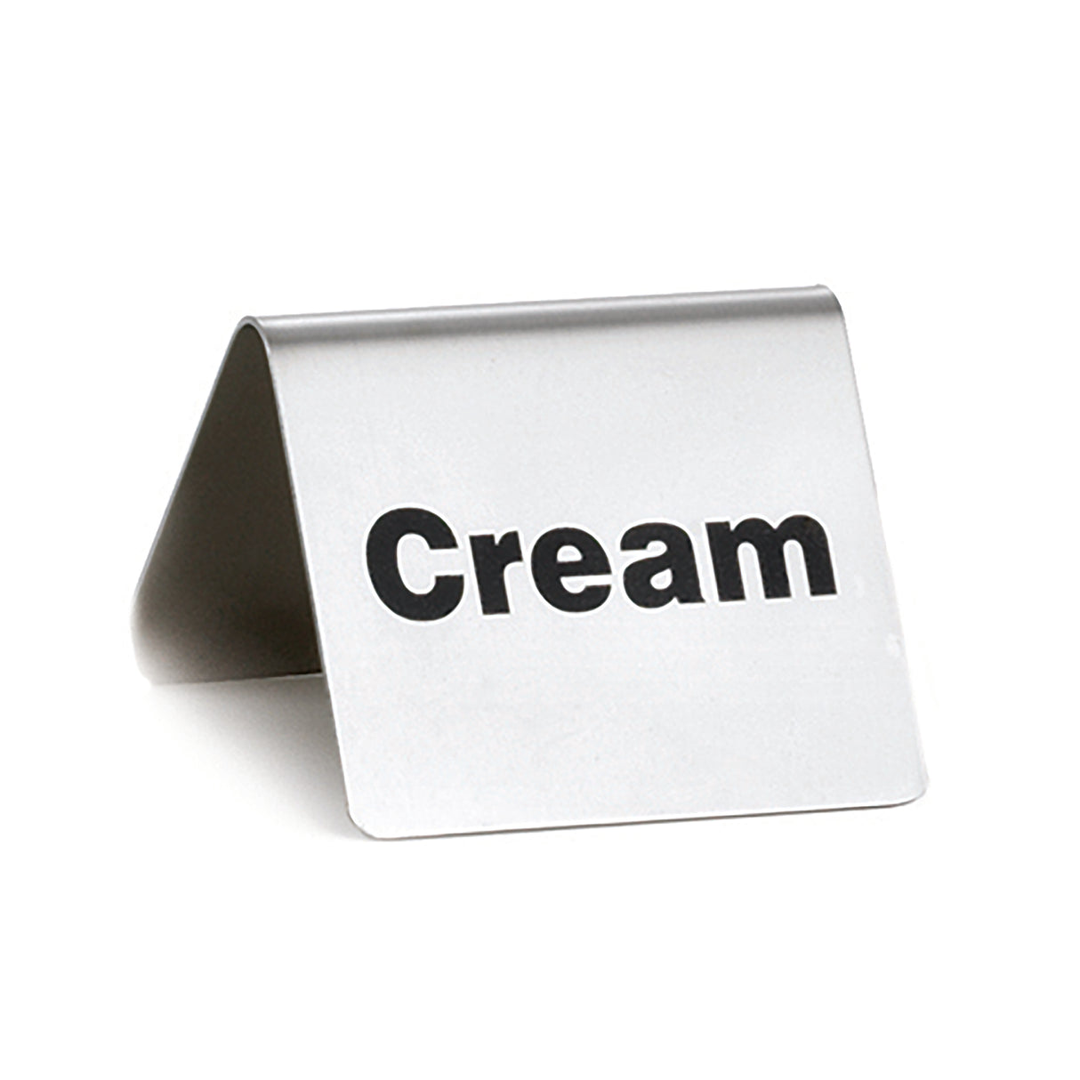 A silver, tent-shaped stainless steel sign with the word Cream printed in bold, black letters on the front, typically used as a TableCraft buffet tent to label items at buffets or in food service settings. The sign is placed on a white background.