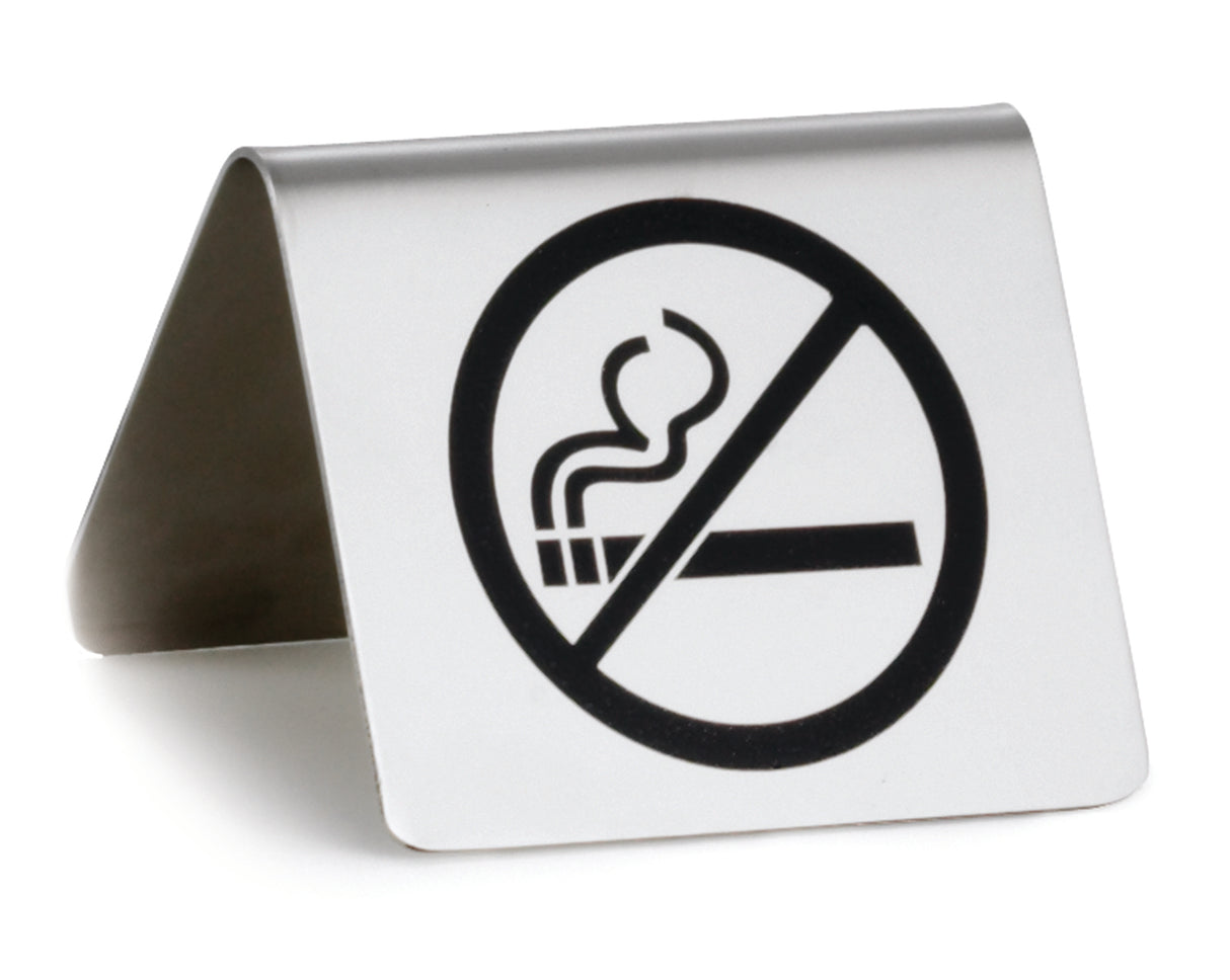 A stainless steel buffet tent sign displays a bold no smoking symbol—a black cigarette with smoke crossed out—clearly indicating that smoking is not allowed.