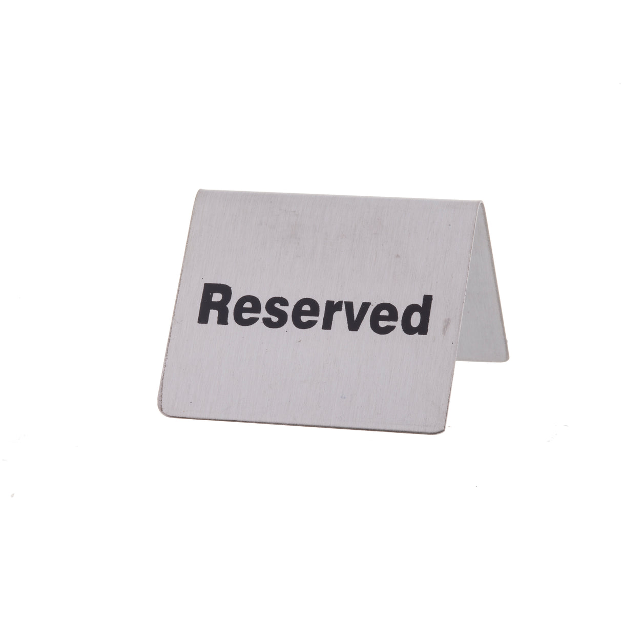 A stainless steel, tent-style reserved sign with bold black lettering is displayed on a white background. The sign is angled, showing both the front and part of the side, ideal for buffet tent or table reservations.