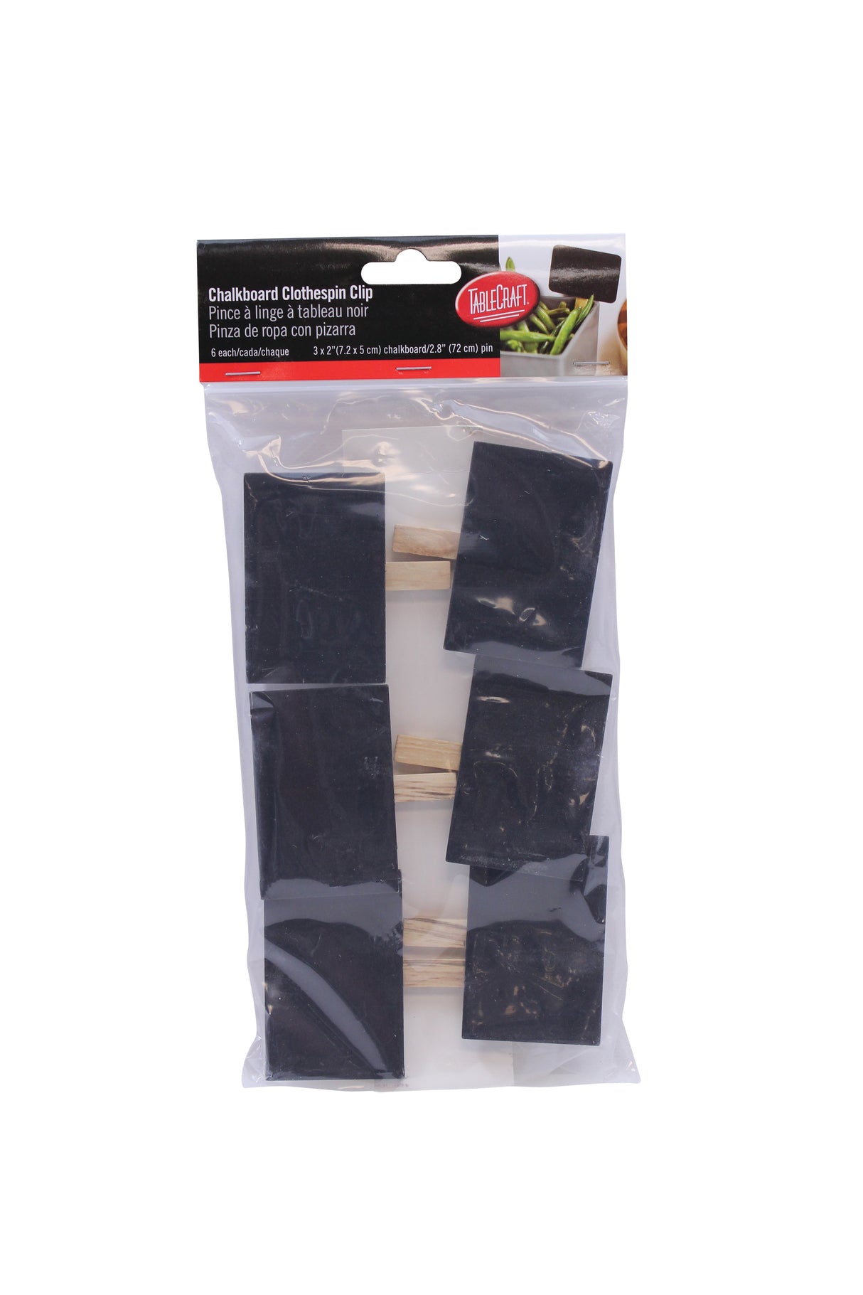 A clear plastic package contains six 3 inch TableCraft Products chalkboard bamboo clothespin clips, each featuring a rectangular black chalkboard surface and small wooden clip. The product label is visible at the top of the package.