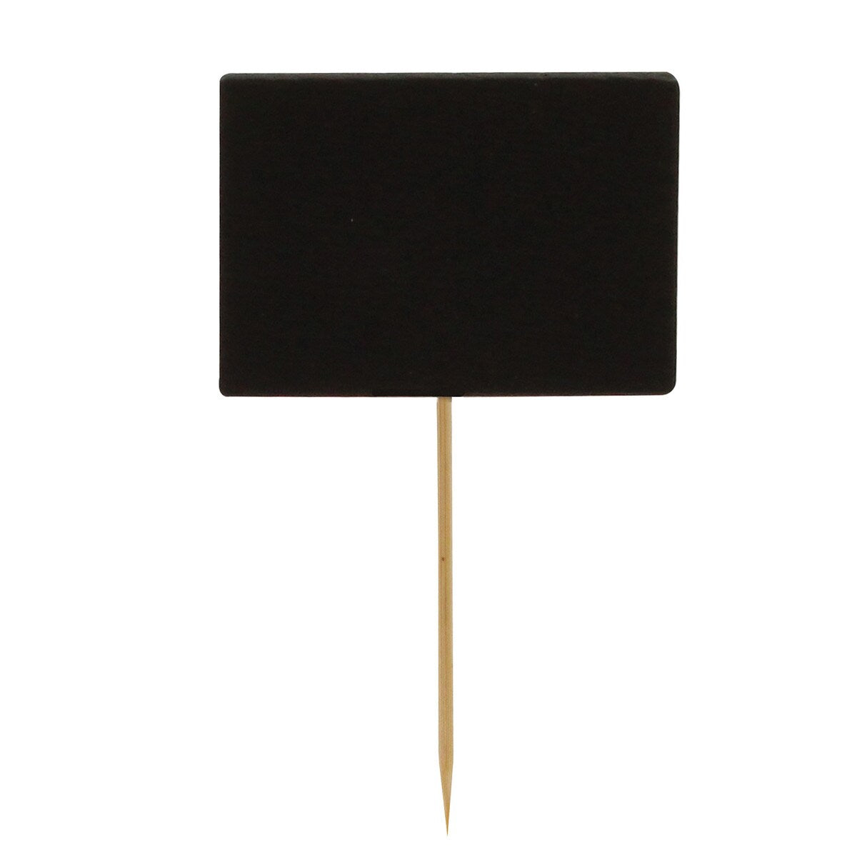 A small, rectangular black sign resembling a chalkboard is attached to a slender bamboo pick with a pointed end. The sign stands vertically, perfect for plant markers or labeling, and has a plain white background.