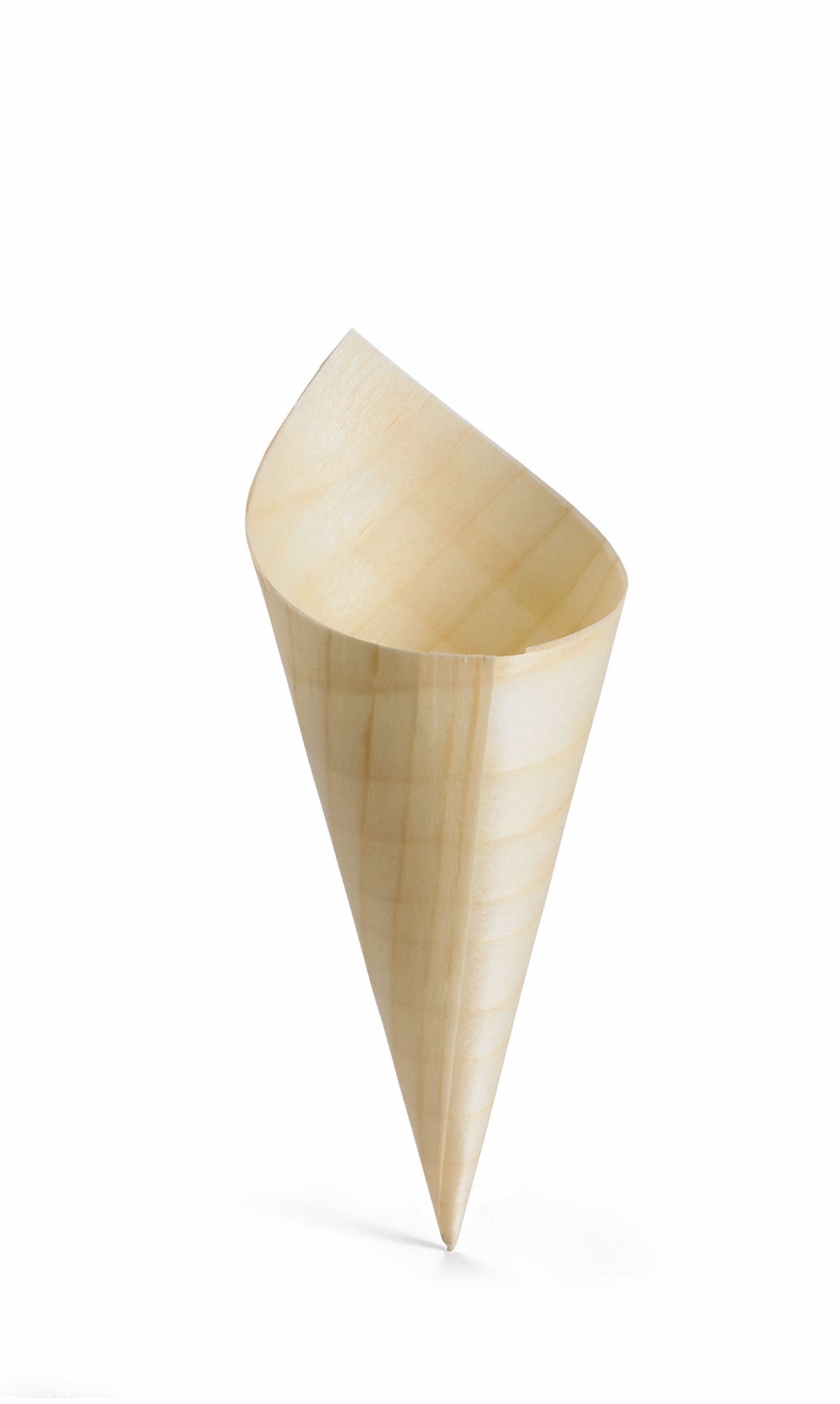 A single eco-friendly, light-colored disposable mini serving cone made from biodegradable pinewood stands empty and upright. Its smooth, subtle grain and slightly irregular rim give it a unique, hand-crafted appearance against the plain white background.