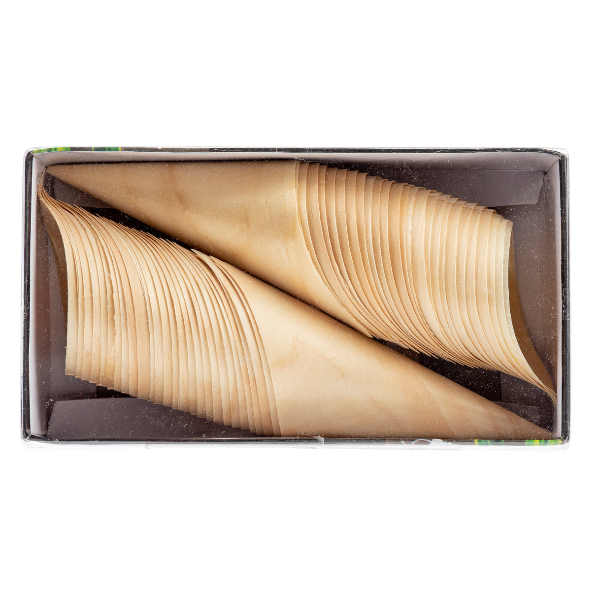 A rectangular box contains two neatly stacked rows of thin, leaf-shaped biodegradable pinewood serving dishes, curved and overlapping like fans, with a light natural wood color and smooth, eco-friendly texture.