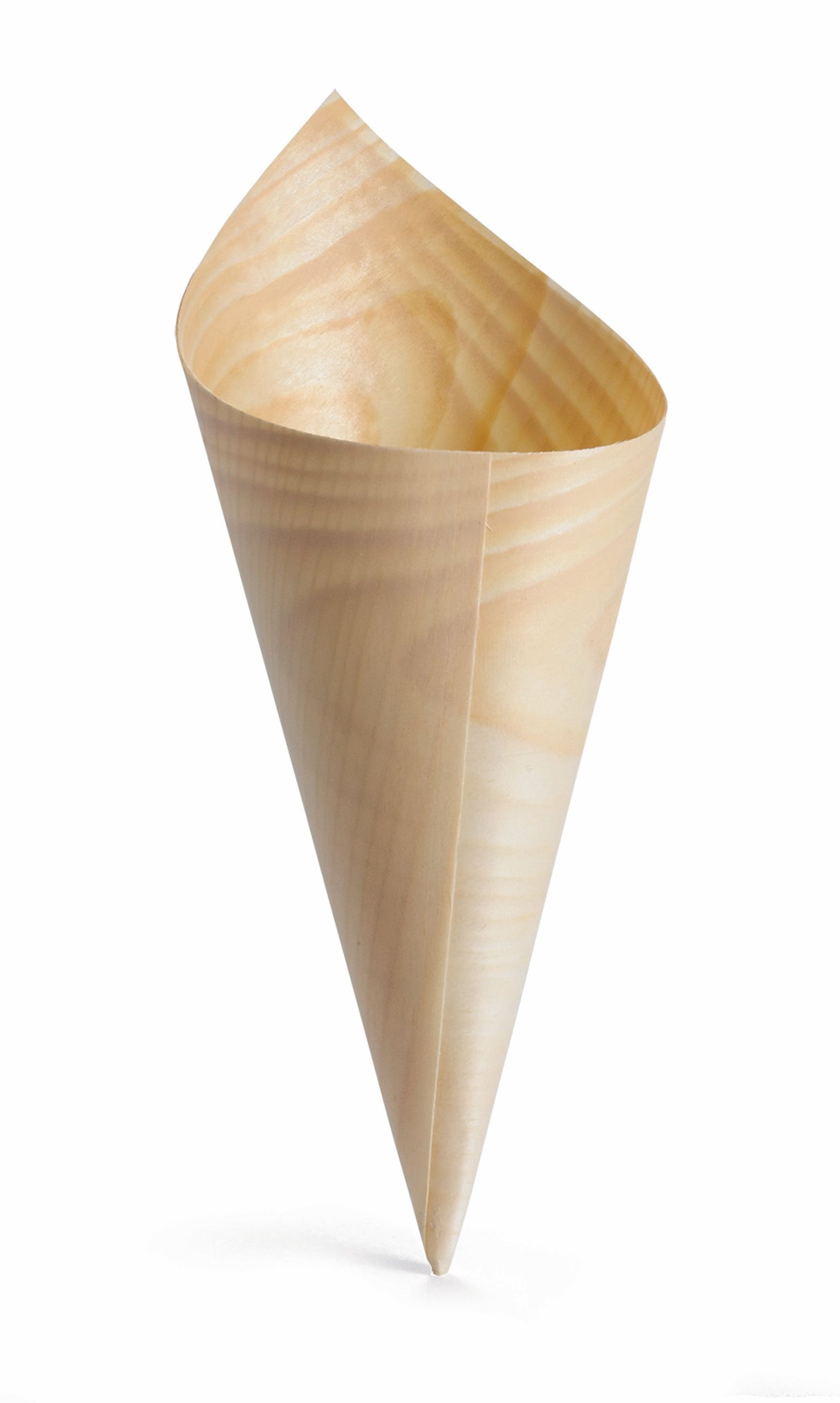 A light tan, eco-friendly wooden Disposable Serving Cone with smooth, subtle wood grain patterns stands upright on a plain white background. The biodegradable cone features a sharp point at the bottom and an open, slightly curved top edge.