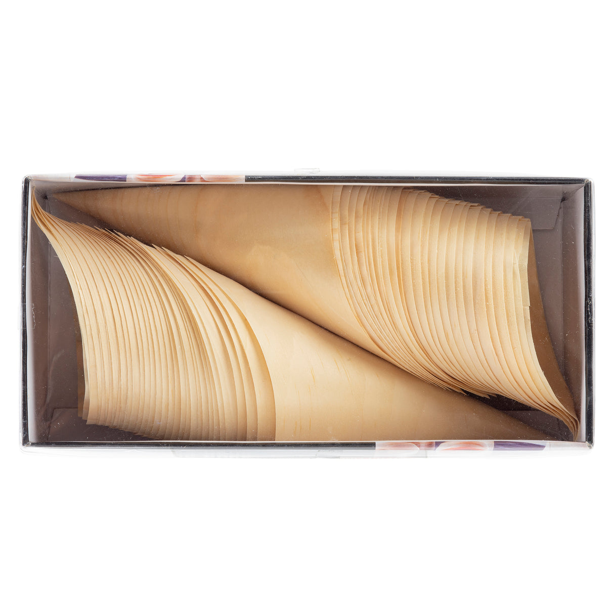 A rectangular box holds two neat stacks of eco-friendly, light-colored disposable serving cones, arranged with tips facing opposite corners. The wood grain is visible, and the biodegradable cones are tightly nested together.