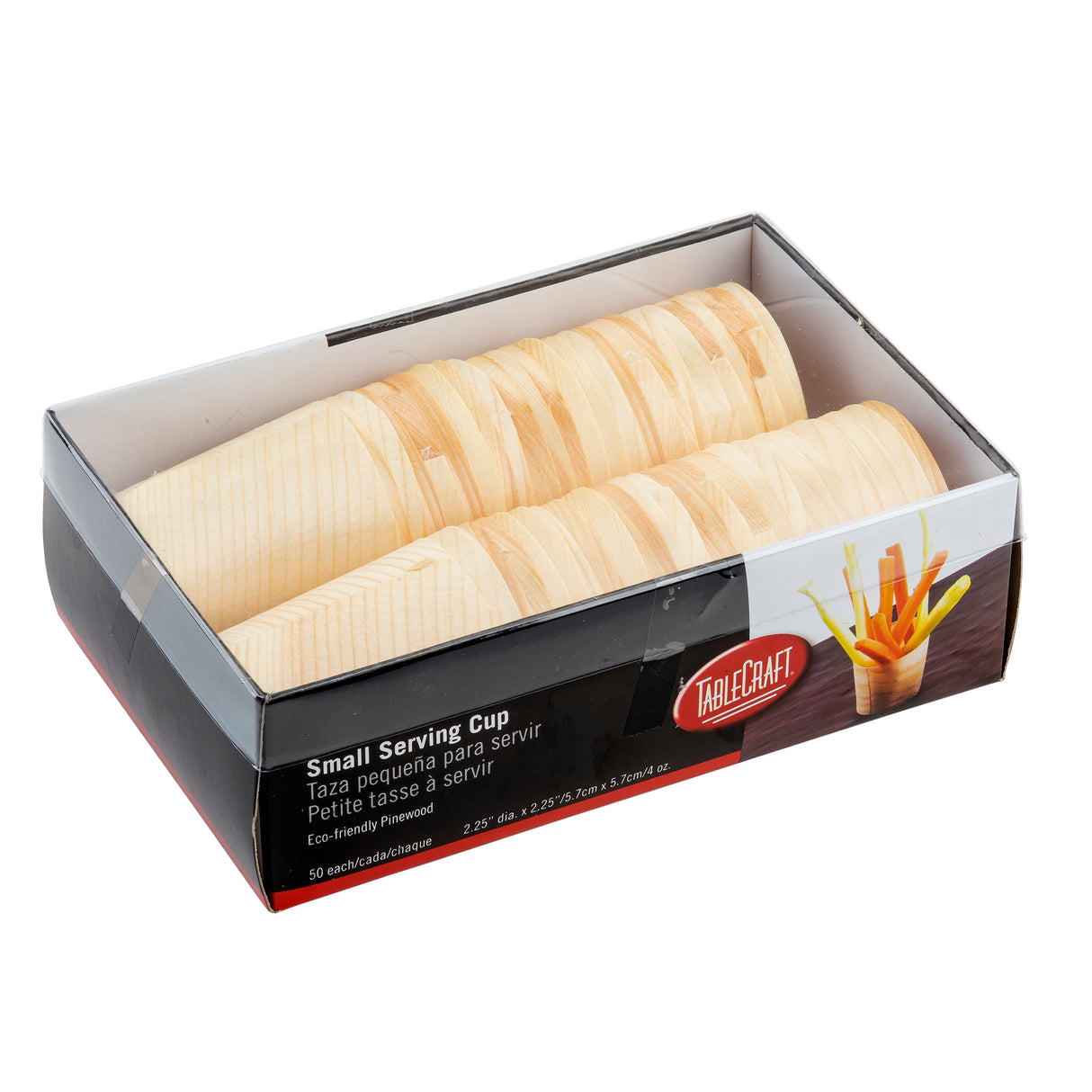 A box of TableCraft eco-friendly, small disposable serving cups made of light-colored wood is shown. The cups are stacked inside the partially open packaging, which features fries in a cup and multilingual product details on the black label.