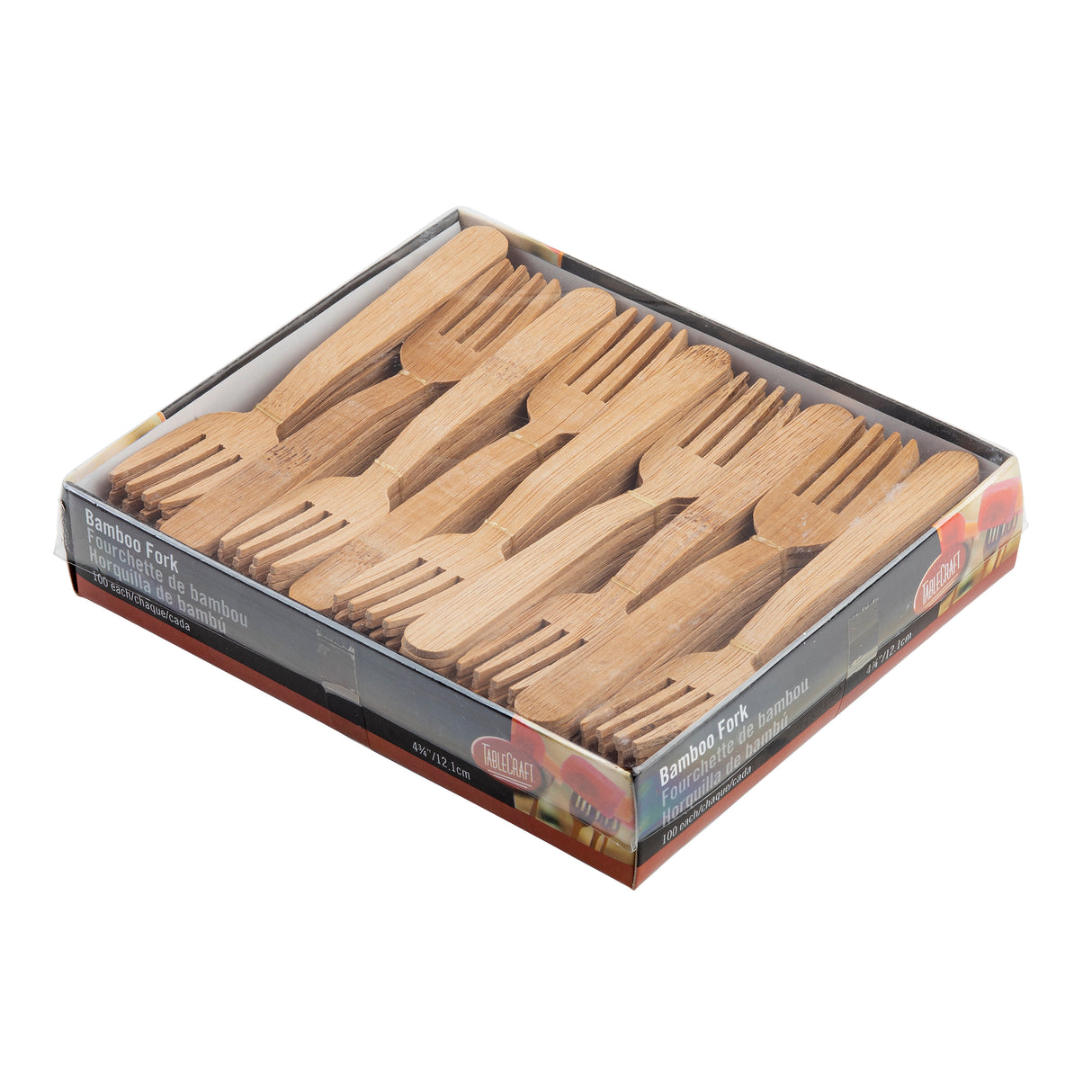 A clear plastic box contains multiple TableCraft bamboo forks, neatly arranged in rows. Labeled “Bamboo Fork,” the natural wooden grain is visible through the transparent lid, showcasing these eco-friendly disposable forks.