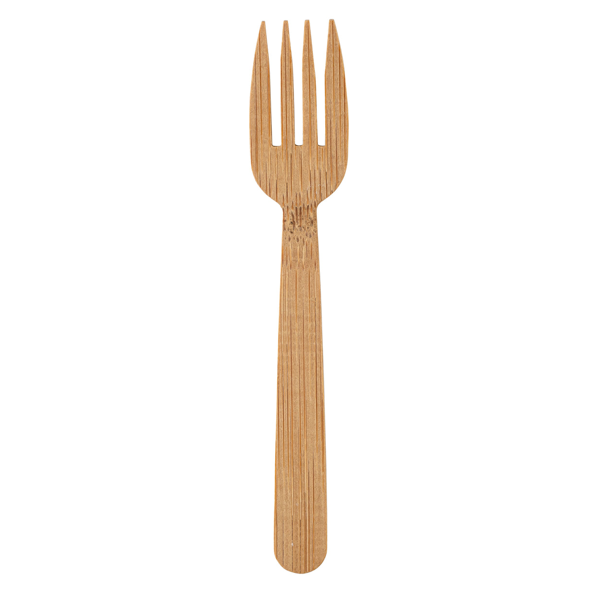 A biodegradable bamboo fork with four tines is centered on a plain white background. The fork has a smooth, natural wood texture and simple, flat handle. Visible grain enhances its eco-friendly appearance.