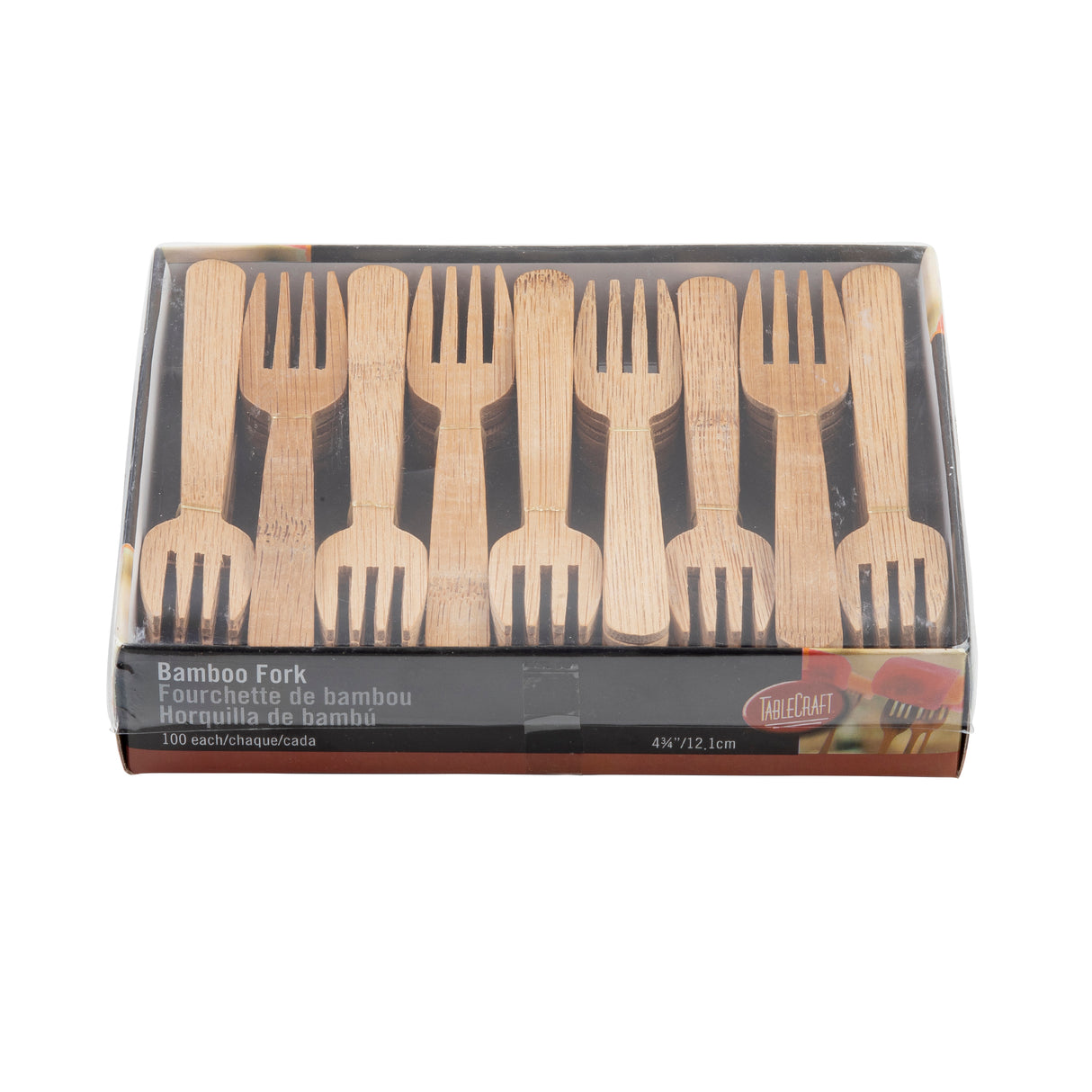 A pack of 12 eco-friendly disposable forks is neatly arranged in a clear plastic box. The label reads “Bamboo Fork” in English, French, and Spanish, with the quantity and dimensions indicated below. The biodegradable bamboo forks are light brown in color.