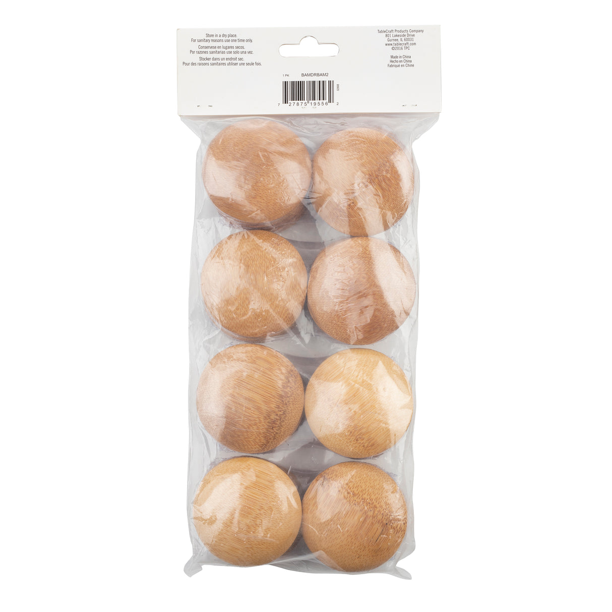 A clear plastic package contains eight round, light brown wooden balls with a smooth finish, arranged in two columns of four. The package, often used for eco-friendly plate or biodegradable plate sets, features a white label with text and a barcode at the top.