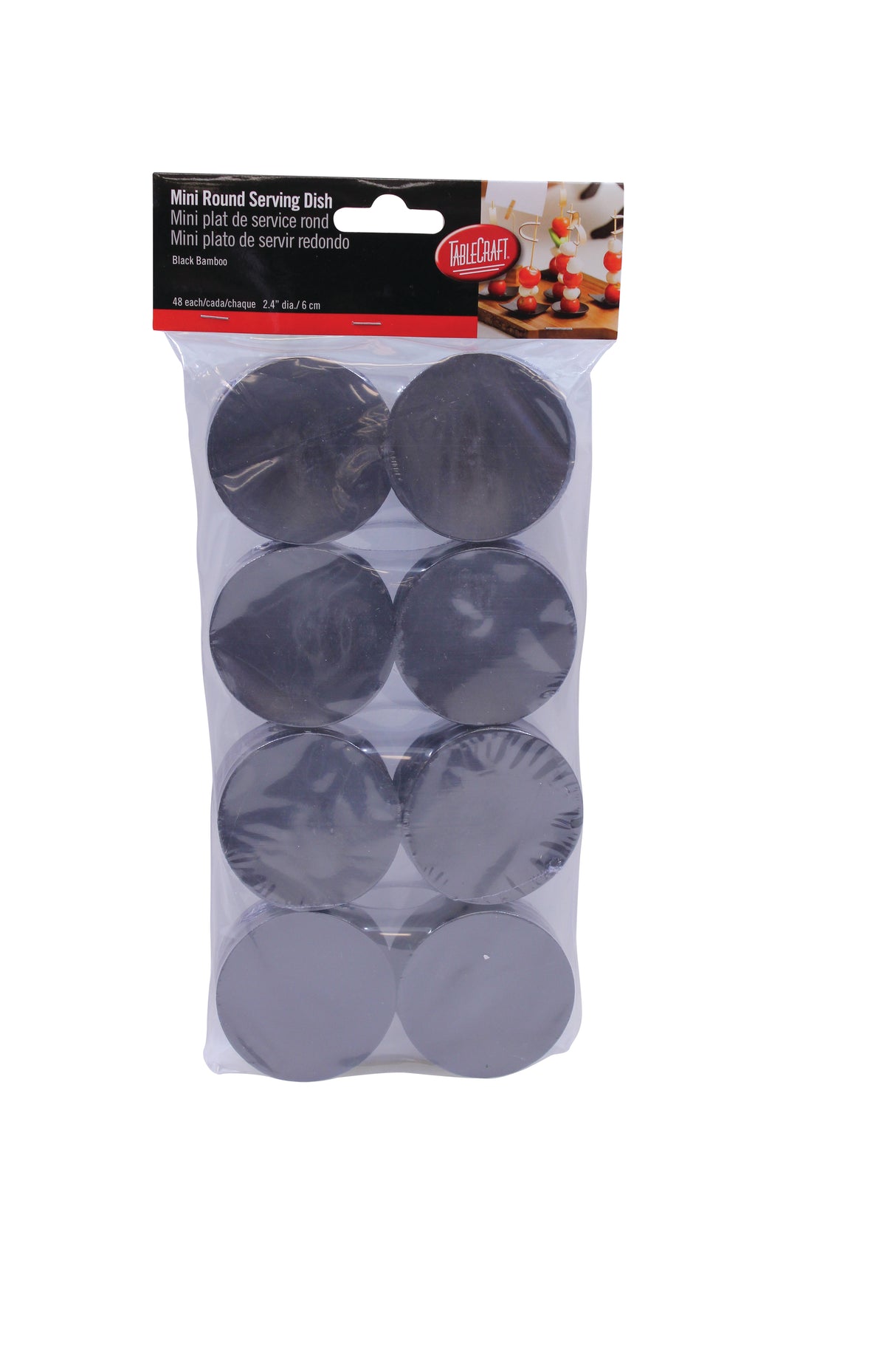 A package of twelve black mini round serving dishes by TableCraft, designed as eco-friendly disposable plates, is shown stacked in three columns in a clear bag with a black and red label displaying serving suggestions.