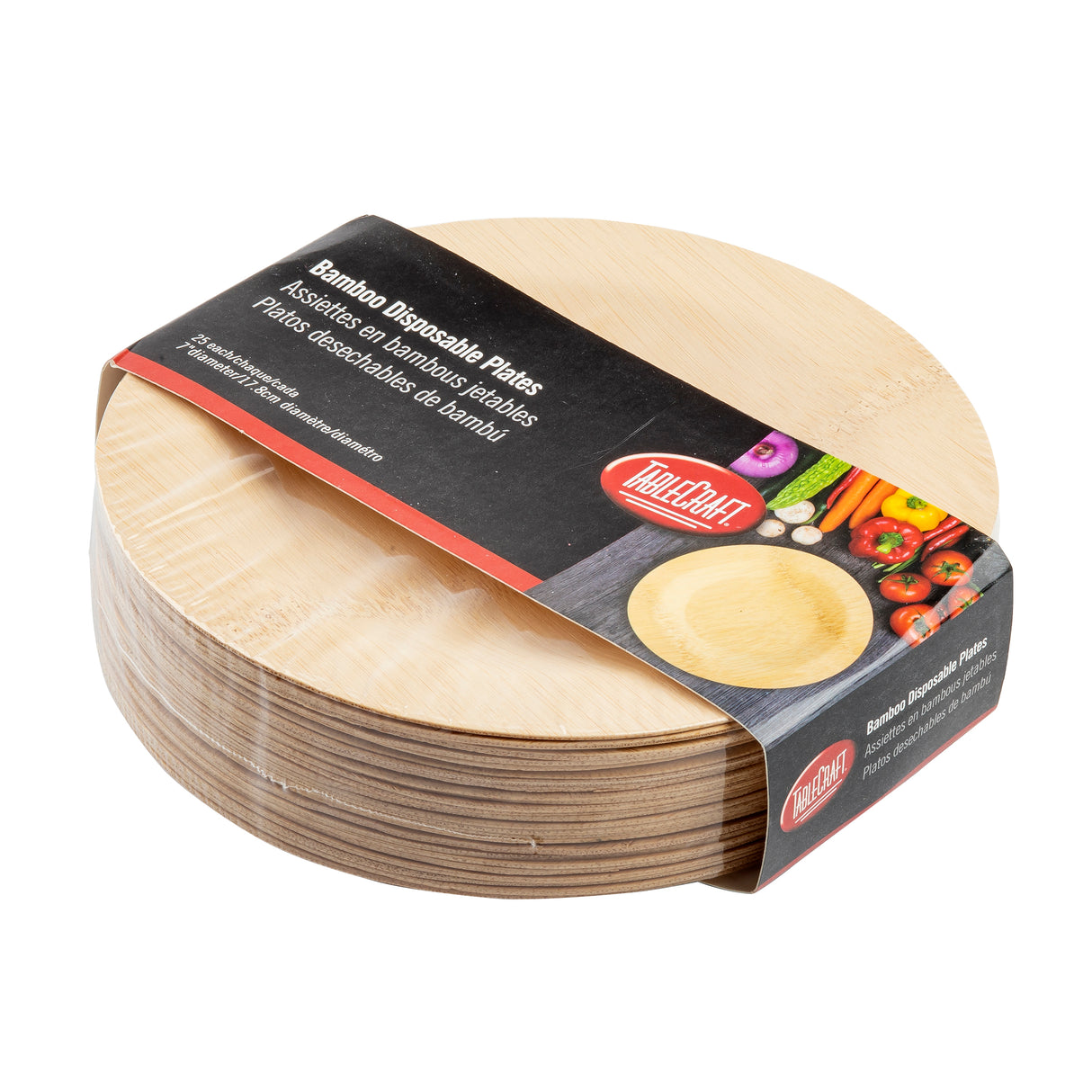 A stack of round, light-colored 7 inch disposable bamboo plates wrapped in clear plastic packaging with a black and red TableCraft label featuring product details in English and Spanish, plus images of vegetables and a round bamboo plate.