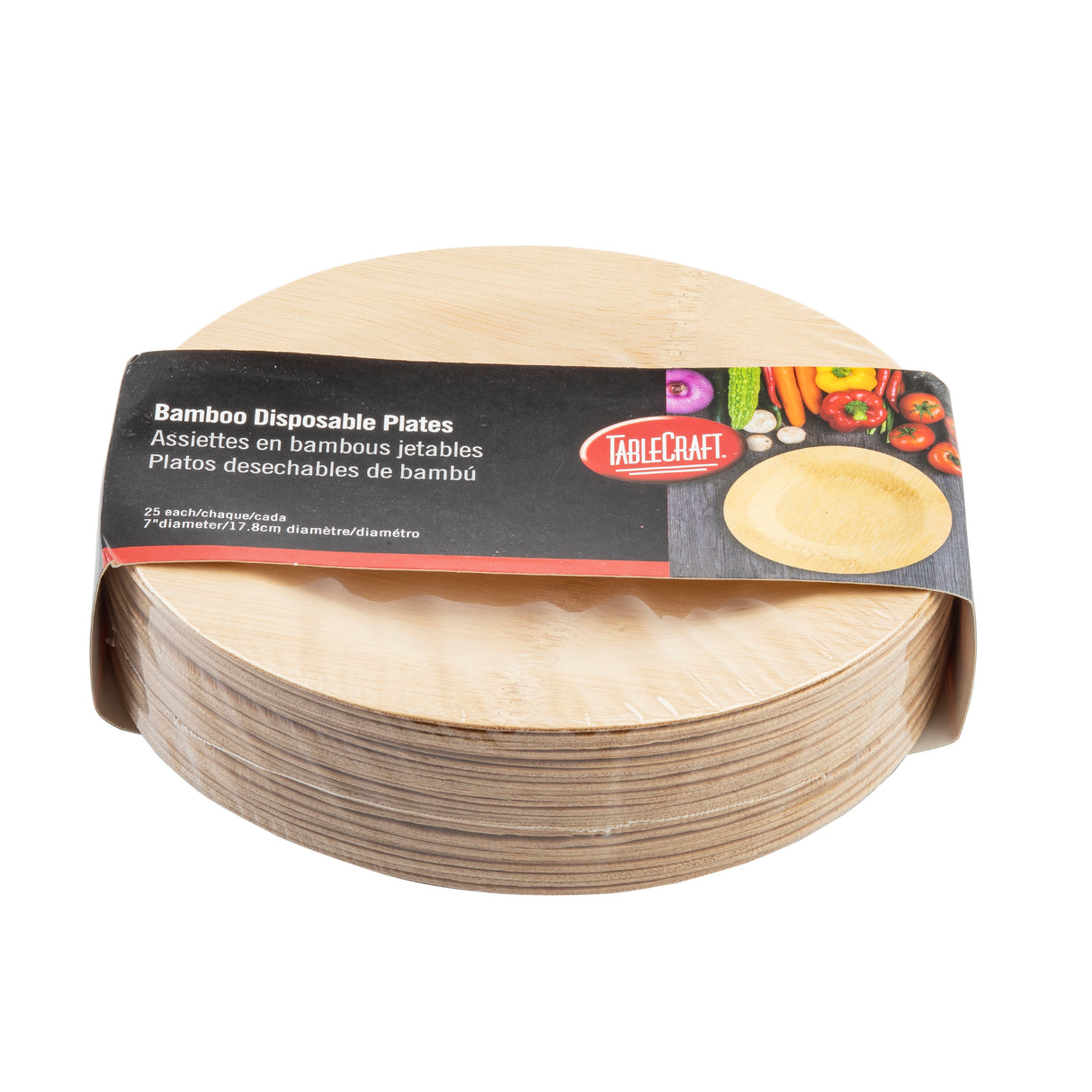 A stack of round bamboo disposable plates is wrapped in a black TableCraft label. Featuring a photo of a 7 inch plate with colorful vegetables, the label lists the product in English, French, and Spanish. The plates have a natural light wood color.