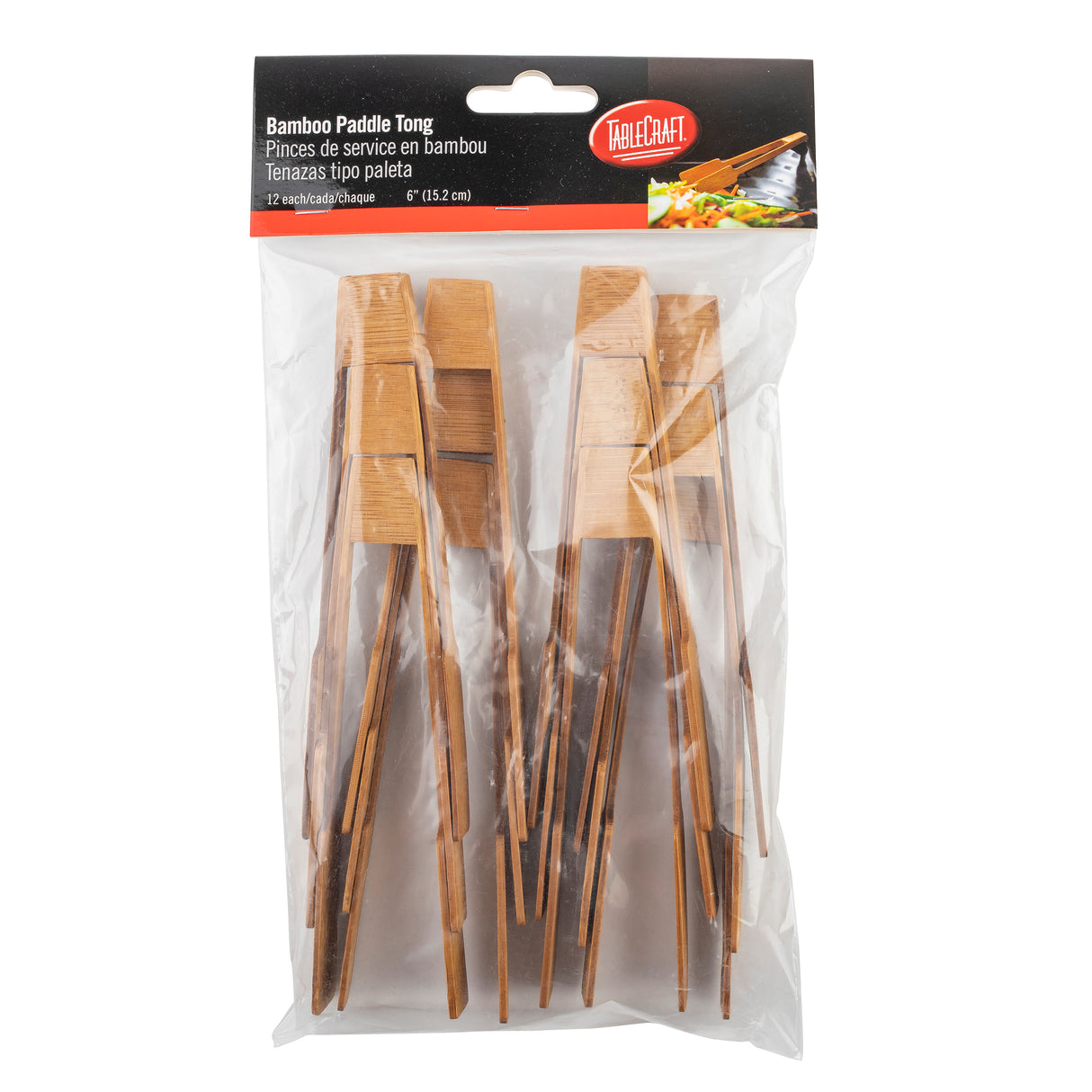 A clear plastic package contains twelve TableCraft bamboo tongs, stacked in two neat bundles. The black and red top label showcases the brand and product name, along with French and Spanish translations. Perfect for serving with small tongs.