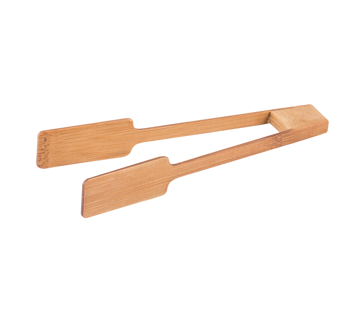 A pair of small bamboo tongs with flat, rectangular ends and a natural finish, shown against a white background. The tongs are slightly open, with both arms crafted from a single piece of wood bent at one end.