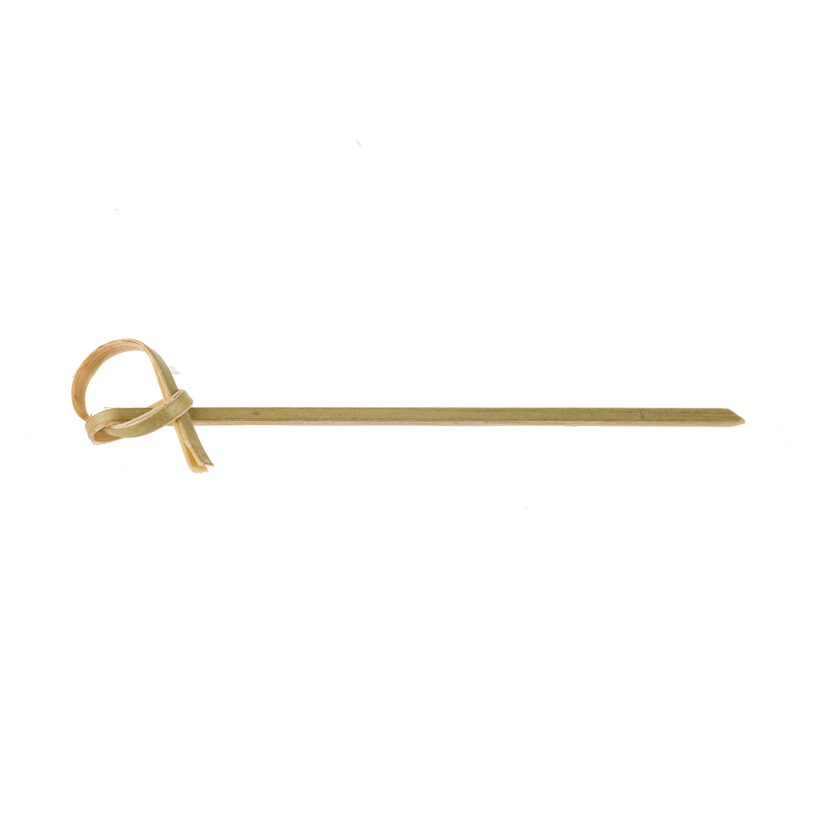 A single light brown TableCraft bamboo Knot Pick with a small looped knot at one end lies horizontally on a plain white background. The flat stick features a pointed tip opposite the knotted loop.