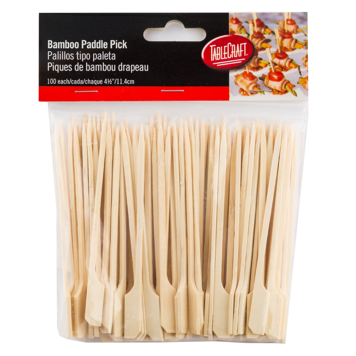 A clear plastic package of 100 TableCraft bamboo paddle picks is displayed. These flat, paddle-shaped picks are ideal for cash and carry, with a trilingual “Bamboo Paddle Pick” label in English, Spanish, and French.