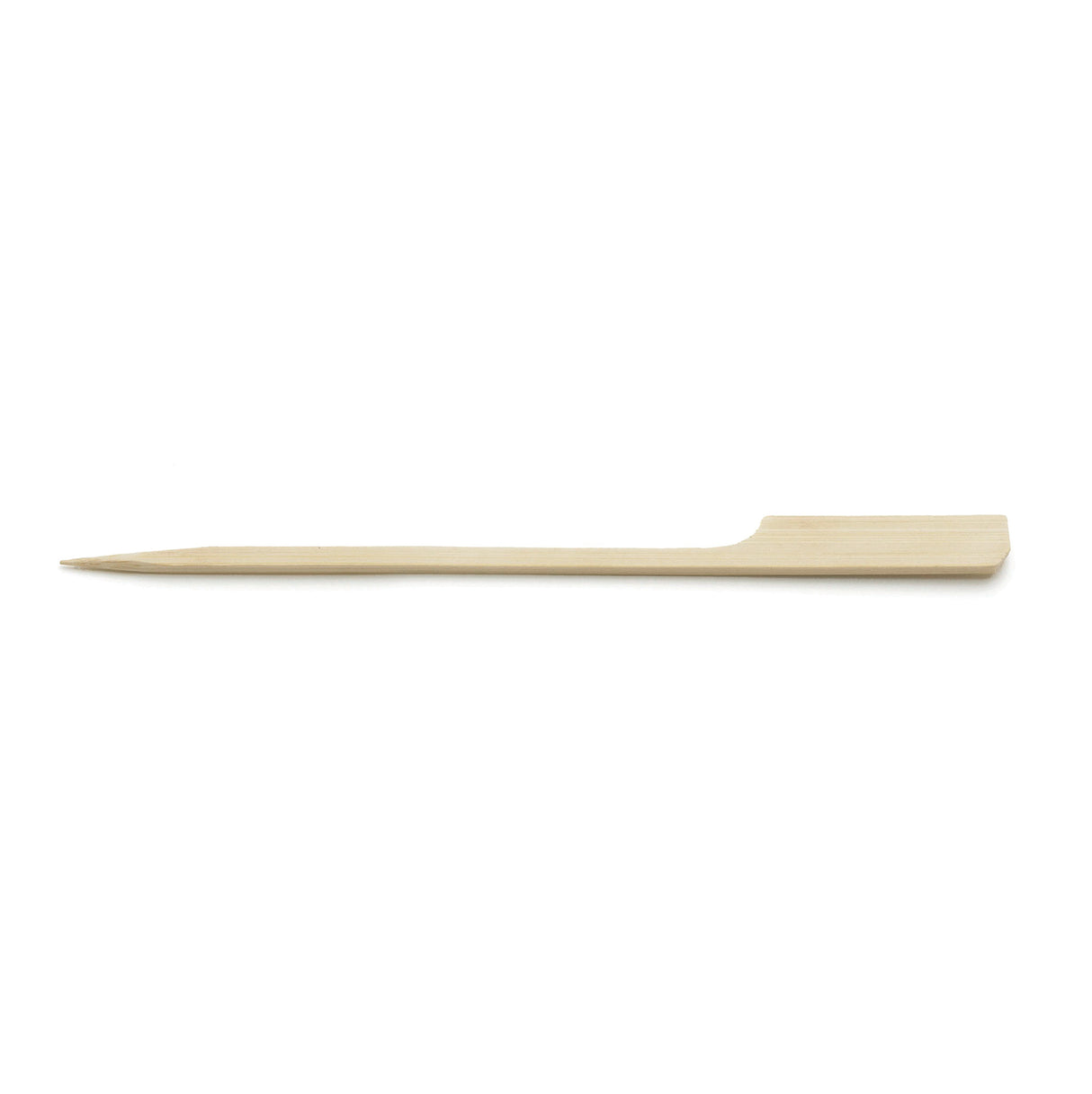 A single TableCraft bamboo paddle pick with a pointed end on the left and a flat, paddle-shaped handle on the right, lying horizontally on a white background—ideal for cash and carry presentations.