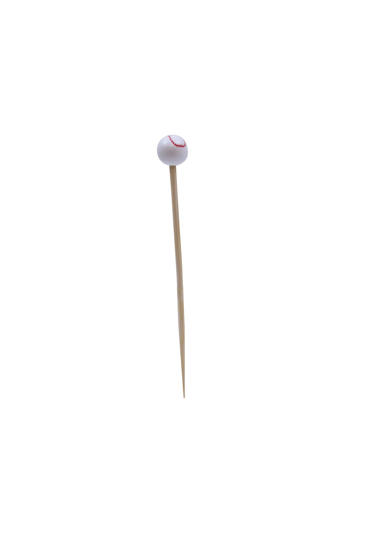 A bamboo Sport Pick with a small round topper designed to look like a white baseball with red stitching, positioned vertically against a plain white background.