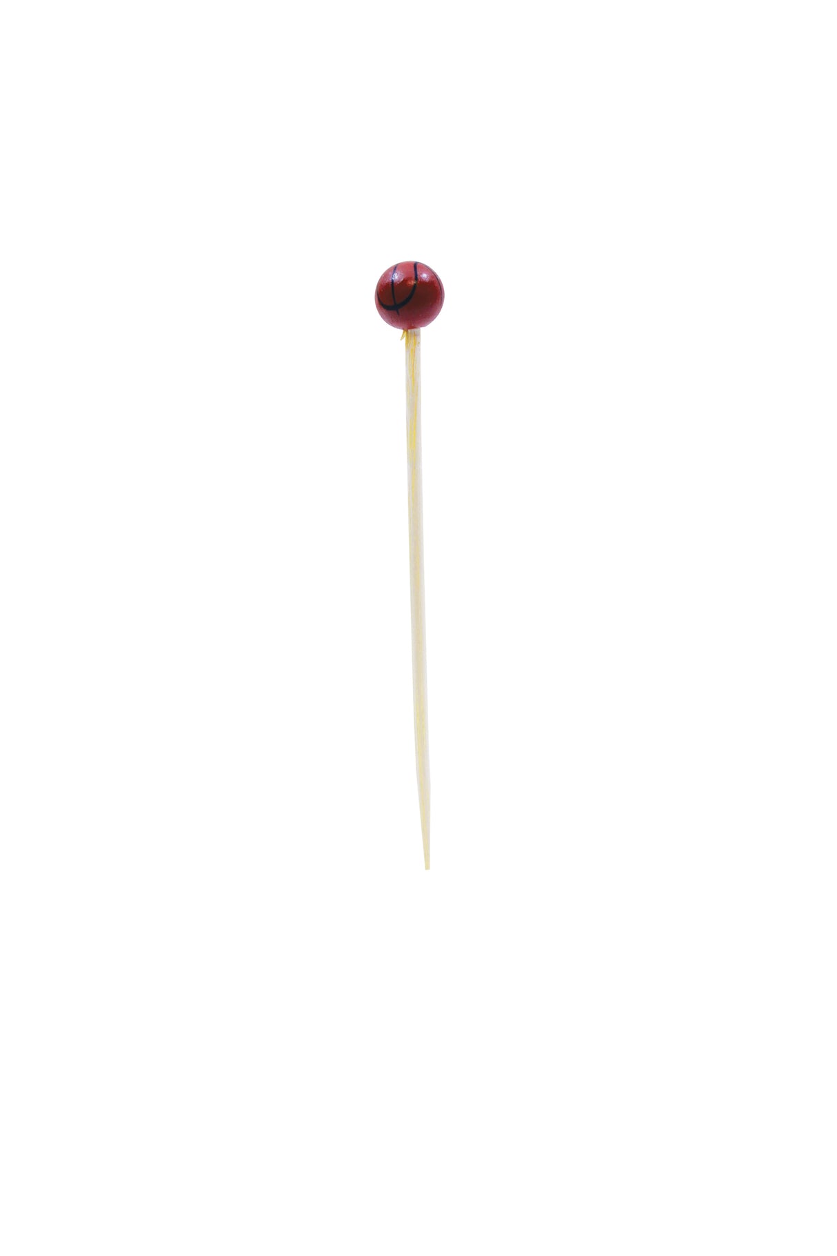 A bamboo sport pick with a dark red, round bead featuring a black line detail on top. The toothpick stands upright against a plain white background, with the bead resembling a small olive or basketball decoration.