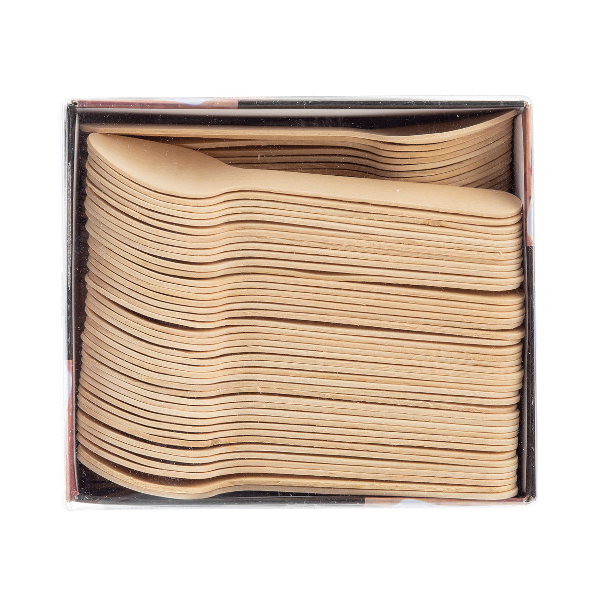 A top-down view of a rectangular box filled with neatly stacked, light brown biodegradable wooden spoons, all aligned in the same direction. The disposable spoons have a simple, smooth design and the open box showcases their organized arrangement.