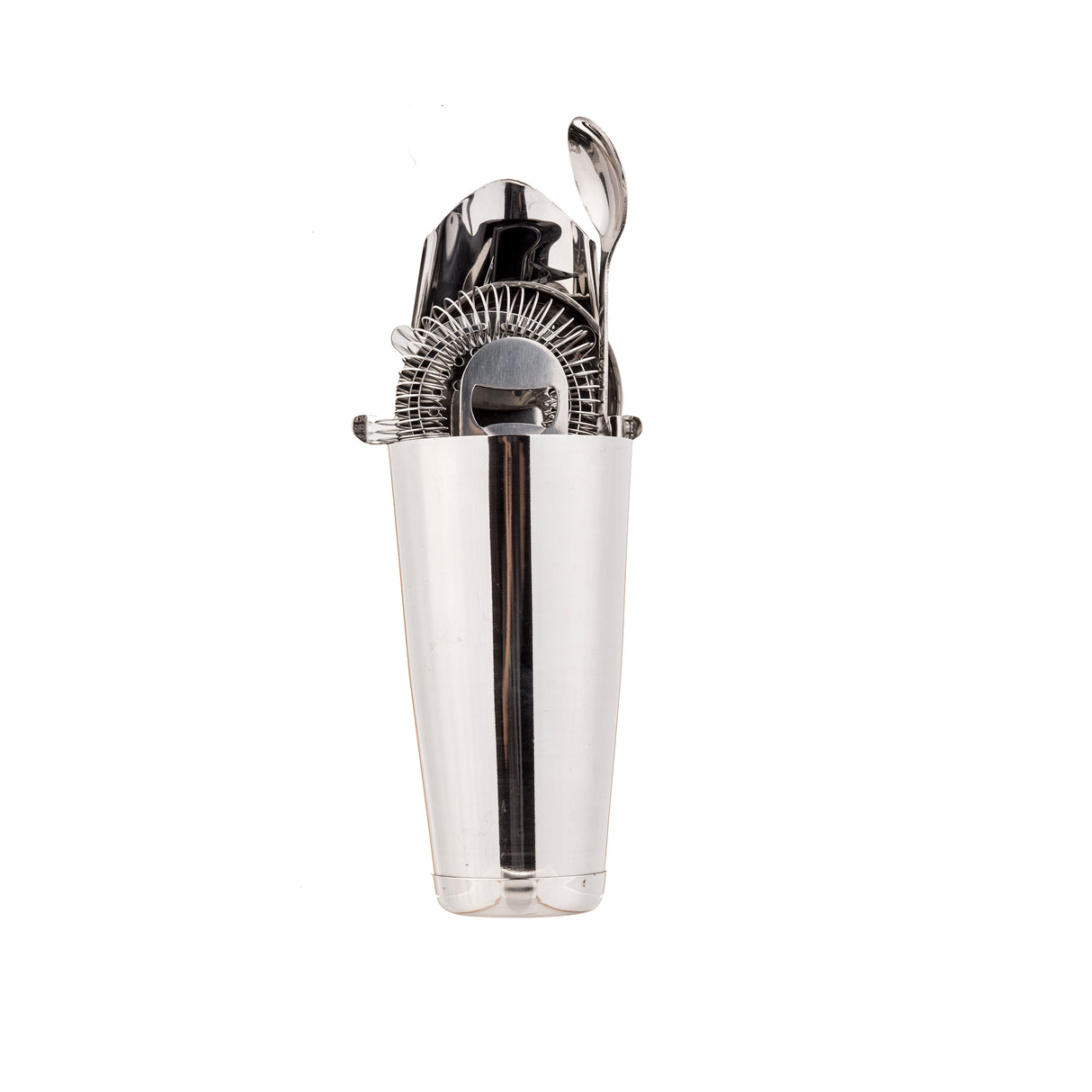 A shiny stainless steel cocktail shaker stands upright with a strainer and spoon tucked inside. This elegant bar tool set is photographed against a plain white background, with reflective surfaces creating highlights and subtle shadows.