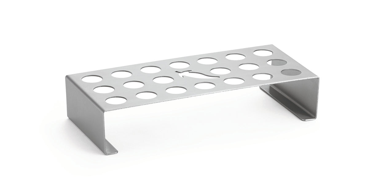 A stainless steel, rectangular laboratory test tube rack with two short legs. The top features multiple round holes for holding test tubes, a droplet-shaped cone holder, and rests on a plain white background.