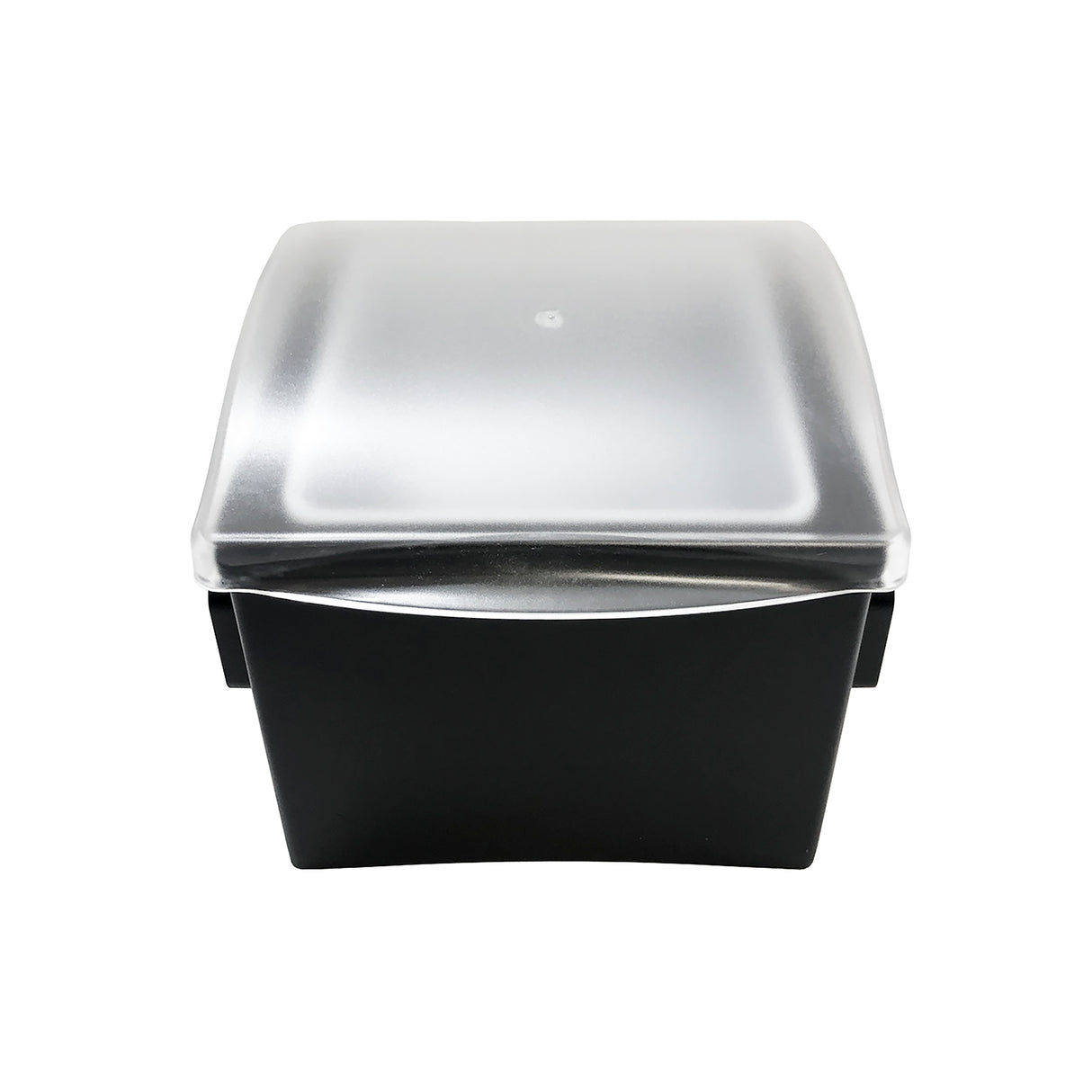 A black rectangular plastic container with a slightly curved front and a translucent, frosted lid. Featuring a polypropylene insert, the lid is securely fitted, and the container is photographed against a plain white background.