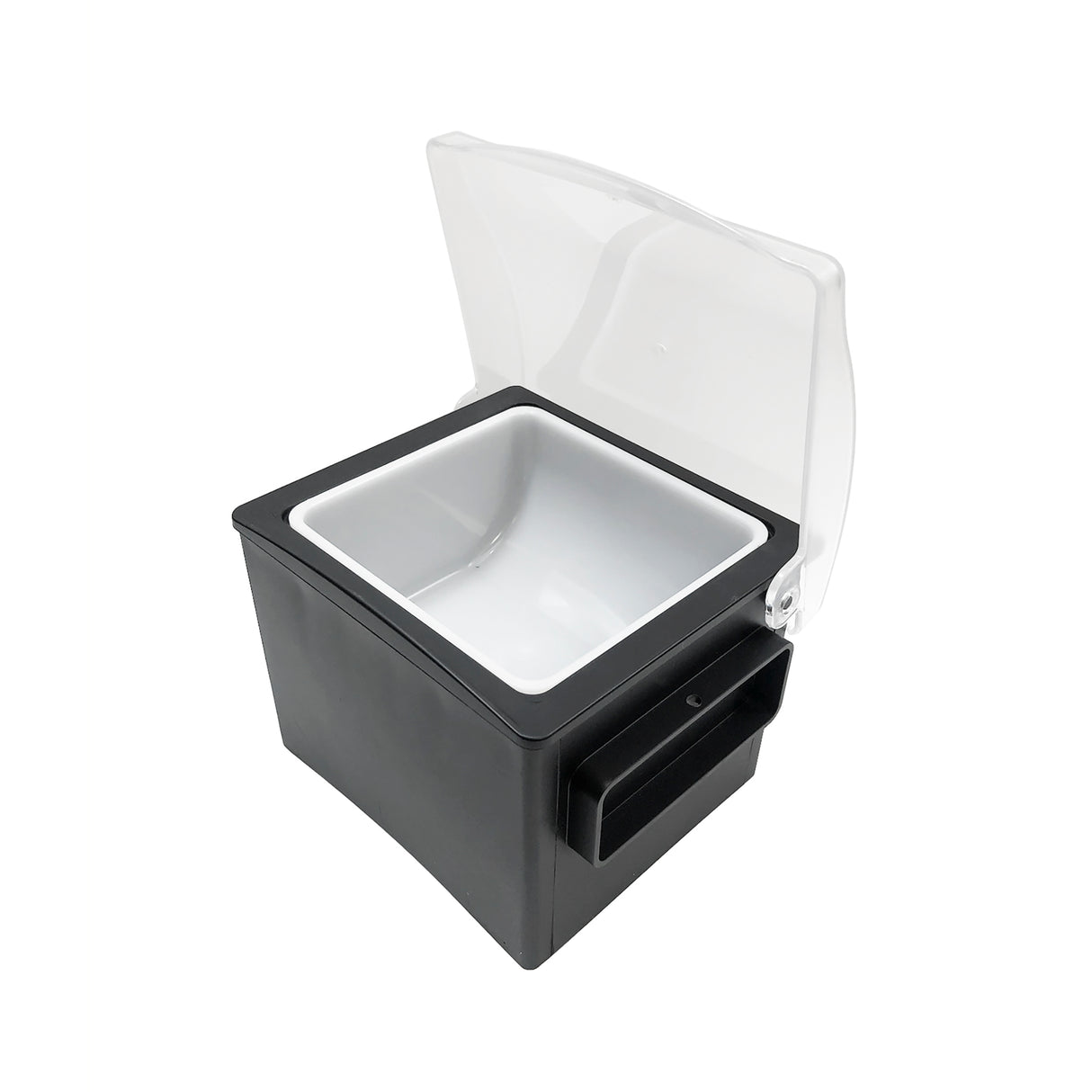A black plastic ice bin with a white interior and transparent hinged lid opens upward. Featuring a polypropylene insert, it also has a side handle. The image is photographed on a white background.