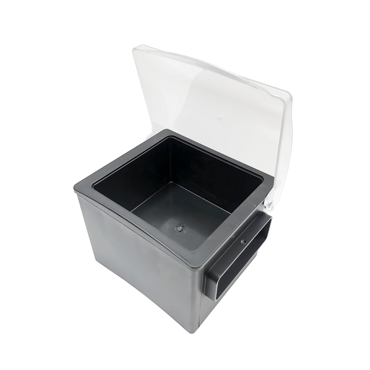 A square, black plastic container with a hinged, transparent lid is shown open. Featuring a polypropylene insert, the container has an inner compartment and an external slot or holder attached to one side. The background is plain white.