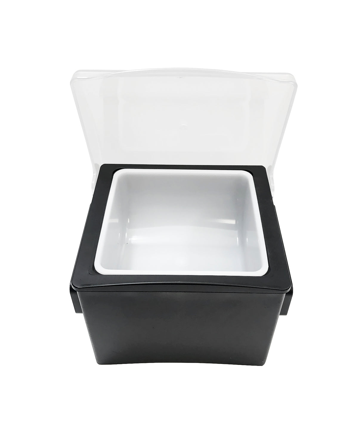 A black rectangular plastic container with a hinged, transparent lid is open, revealing a white, empty polypropylene insert. The angle is slightly above, displaying the container’s depth and simple, modern design against a white background.