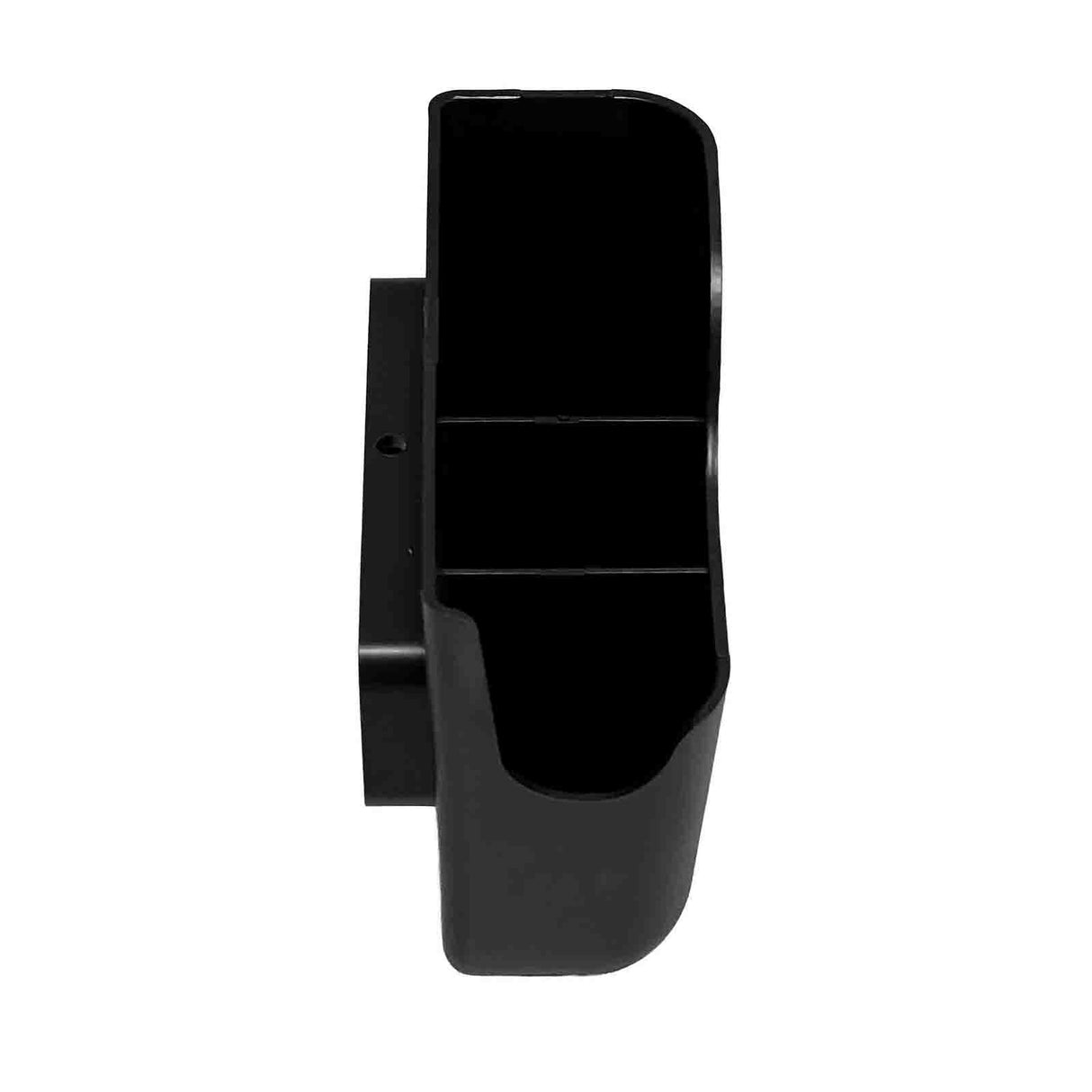 A black, rectangular plastic wall-mounted holder with an open top and front. The back panel has holes for mounting and the interior offers a single compartment—perfect as a Replacement Side Caddy for mail or small items. It is dishwasher safe and shown against a white background.