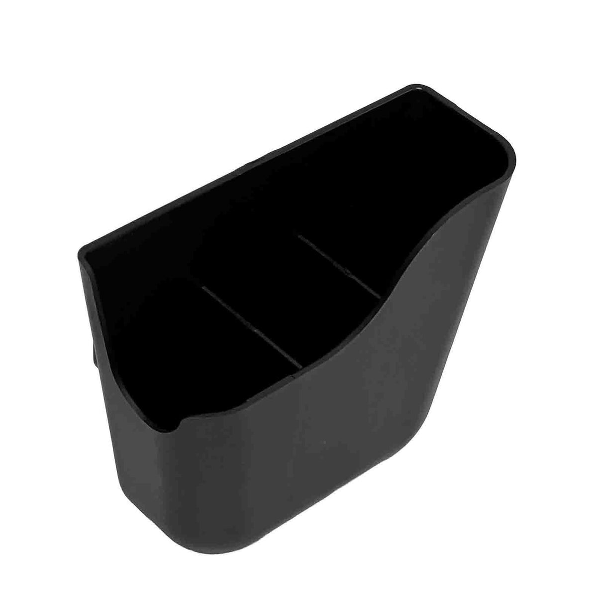 A black, rectangular TableCraft plastic container with a curved top edge and two internal dividers creates three separate compartments; the empty Replacement Side Caddy is dishwasher safe and photographed on a white background.