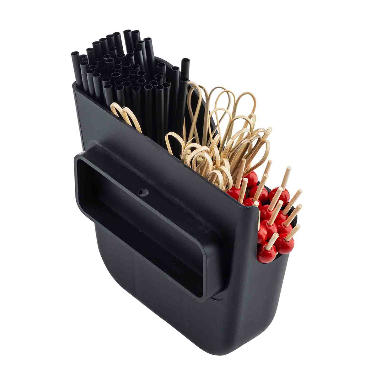 A black rectangular Replacement Side Caddy utensil holder containing black plastic straws, tan twisted wooden picks, and wooden picks with red decorative tops, each type neatly separated in individual compartments; dishwasher safe for easy cleaning.