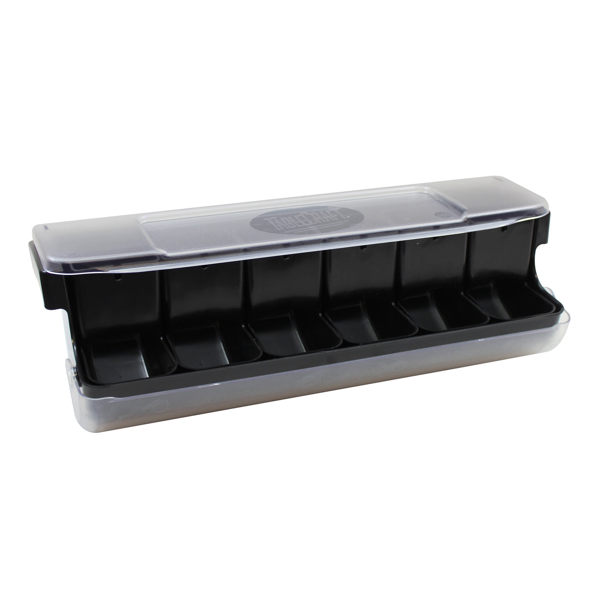 A black plastic NSF garnish station with six compartments and a transparent hinged lid. This rectangular First in First Out Garnish Station is ideal for storing cut garnishes or condiments in bars or restaurants.