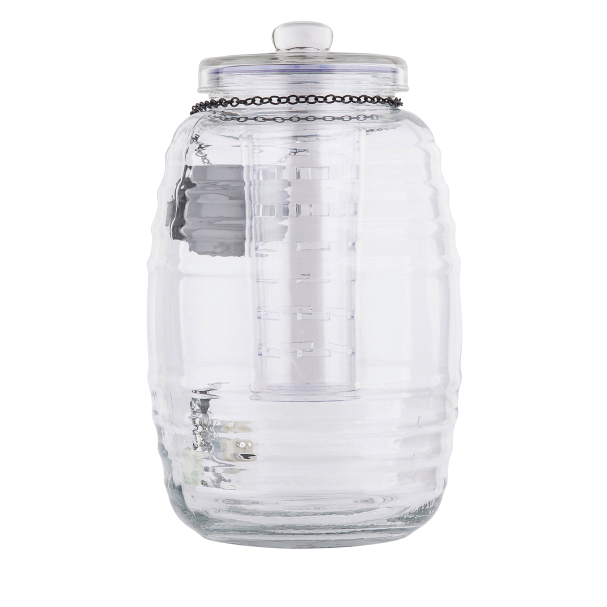 A large, clear, ribbed glass jar with a matching lid and vertical cylindrical insert inside. The TableCraft glass beverage dispenser features a decorative black chain with a metallic tag encircling the top. The jar is empty and stands upright.