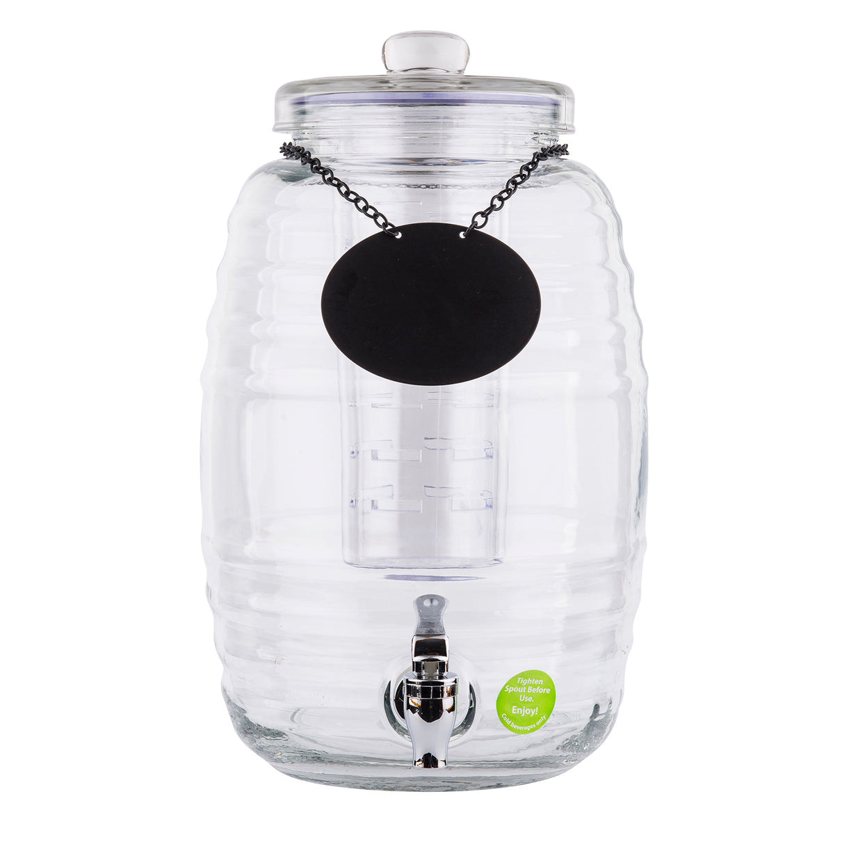 A clear, ribbed glass beverage dispenser by TableCraft sits upright with a silver spigot. It features a round glass lid, a black chalkboard label on a chain, and an infuser tube inside—perfect as a Beehive Beverage Dispenser. Green sticker at bottom right.
