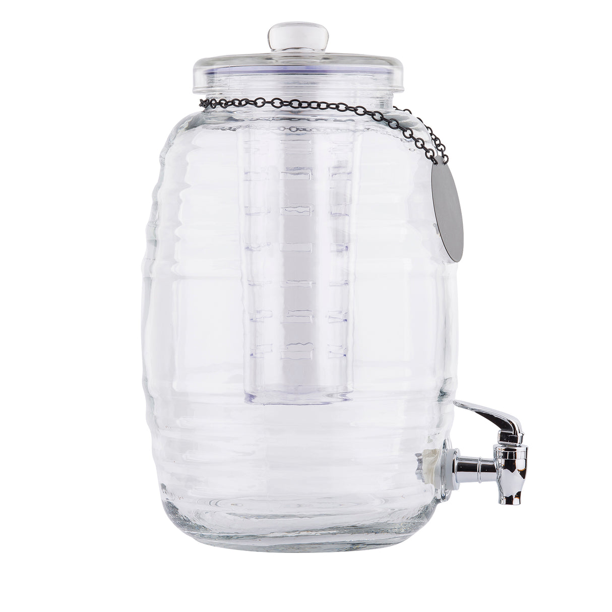 The TableCraft Beehive Beverage Dispenser features clear, ribbed glass with a metal spigot and glass lid. Inside, a removable ice core keeps drinks cool. A metal chain with a blank round tag hangs from the lid. Shown empty against a white background.