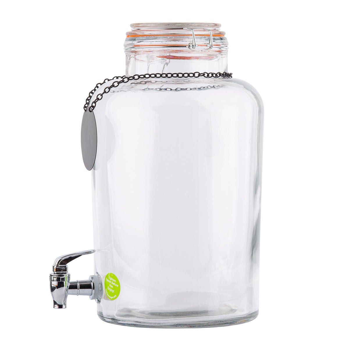 A rustic glass beverage dispenser with a 2.5 gallon capacity features a metal spigot, orange rubber seal, and clamp-style glass lid. An oval tag on a black chain adorns the neck. The empty dispenser is set against a white background.