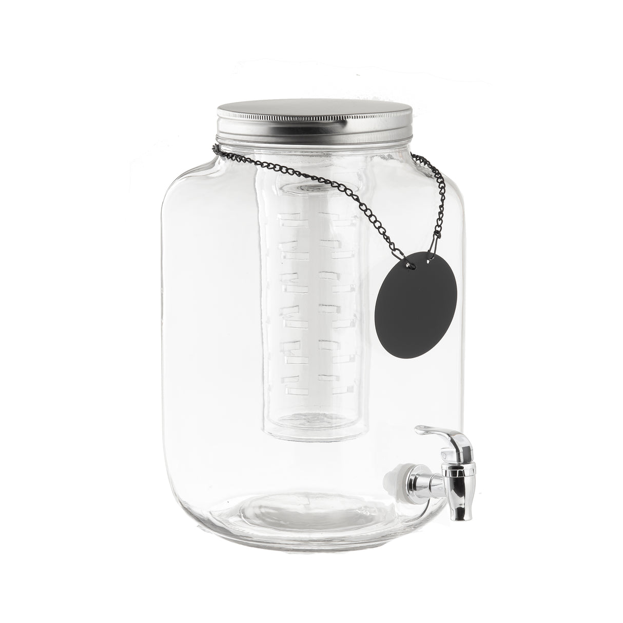 A clear 2 gallon Mason Jar Beverage Dispenser with a silver screw-on lid, cylindrical infuser, and silver spigot. A black tag hangs from the lid chain, ready for labeling. The glass dispenser is empty and set against a white background.