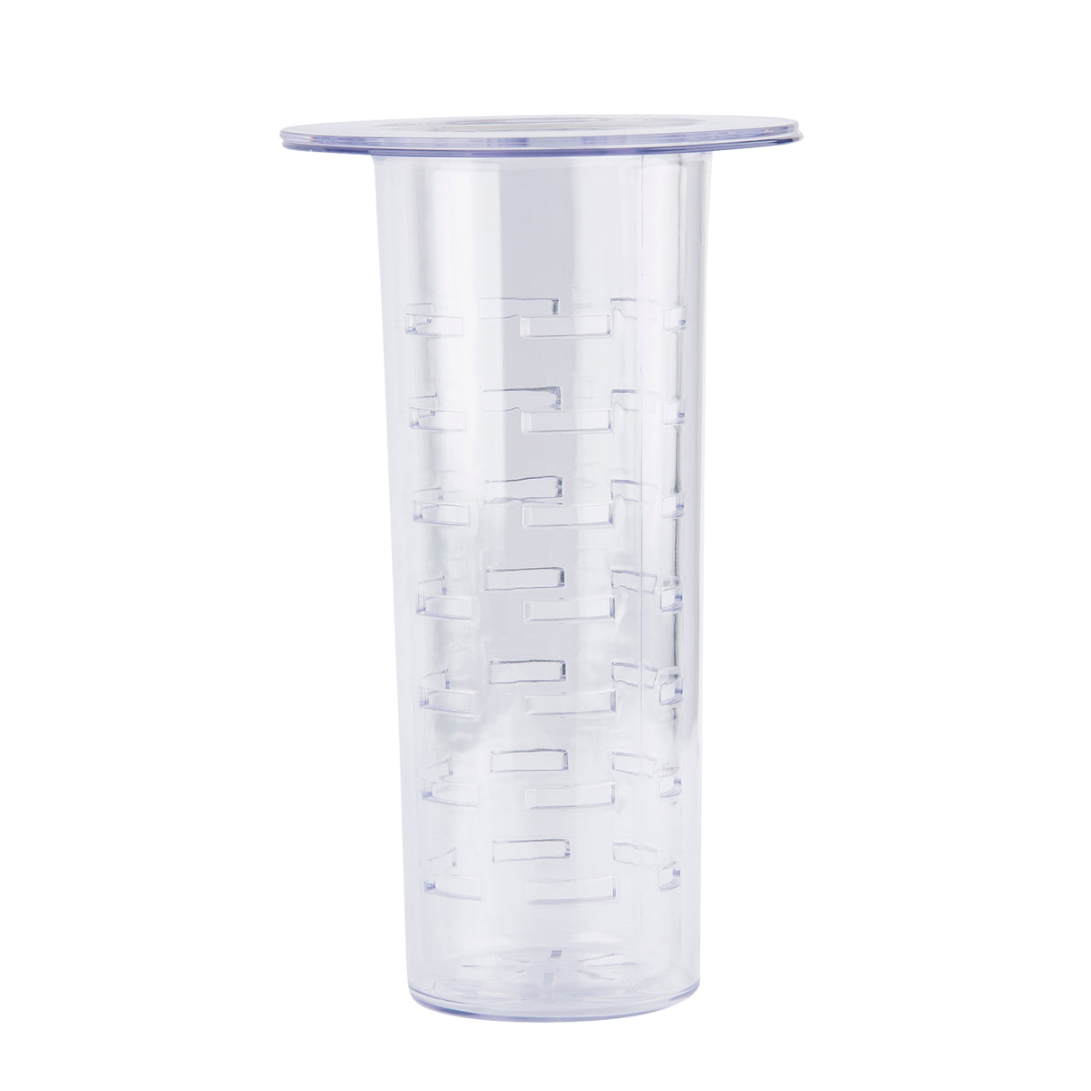 A clear, tall, cylindrical plastic container with a wide, flat rim at the top. Featuring horizontal and vertical slot-shaped cutouts along its sides, this infuser is dishwasher safe. The background is plain white.