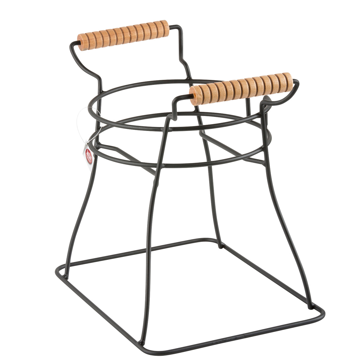 A minimalist and functional black powder coated metal wire frame stand with two wooden handles. Ideal as a glass beverage dispenser base, it features a square base, circular support, and ample faucet clearance on open sides.