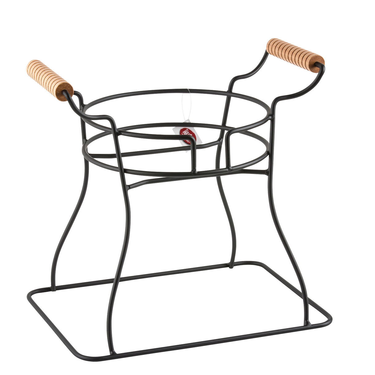 A black powder coated metal stand with a square base and curved frame, featuring two tan wooden handles. This open, minimalistic glass beverage dispenser base securely holds your dispenser within the circular center ring, allowing ample faucet clearance.