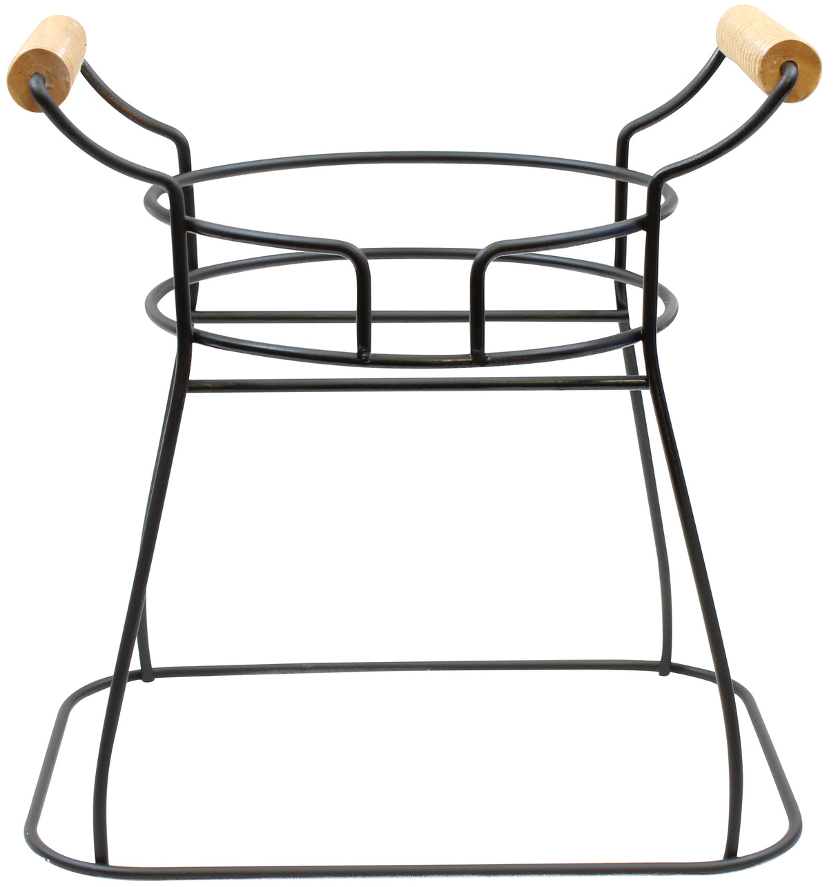 A black powder coated wire pot holder with a round center to hold a pot, two upward curved arms with light wood handles, and a rectangular base for stability. Its minimalist design is ideal as a glass beverage dispenser base, offering faucet clearance and style.