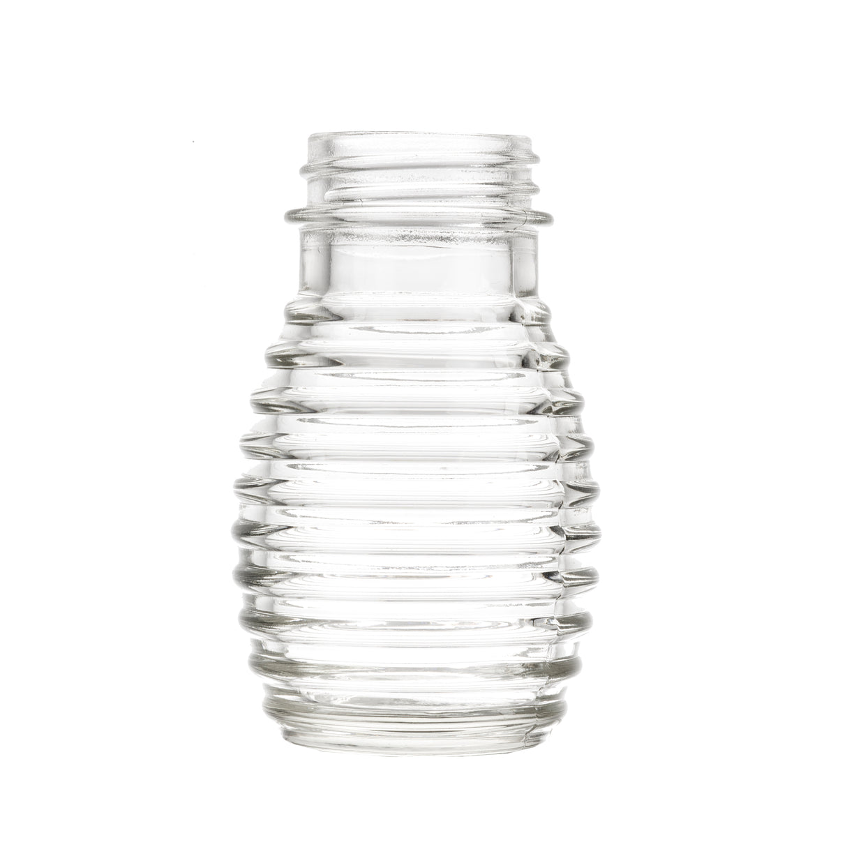A clear glass TableCraft jar with a wide base that narrows toward the top. Horizontal ridges give it a beehive-like look, perfect as a replacement shaker or matching salt and pepper shaker. The background is plain white.