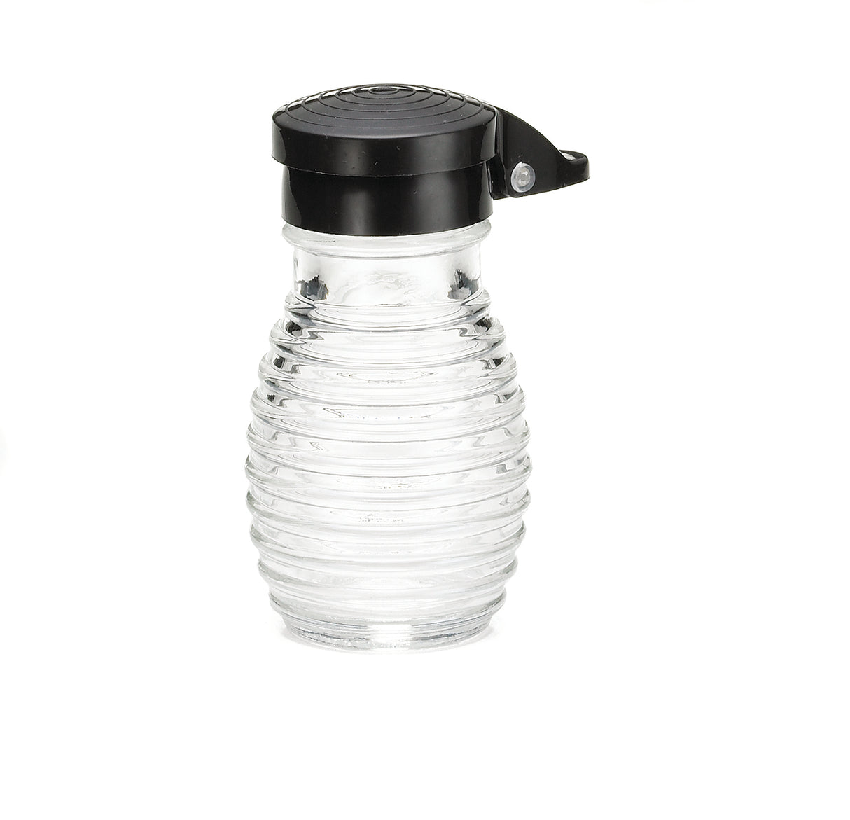A clear, ribbed glass syrup dispenser with a black plastic flip-top lid is centered on a white background. Dishwasher safe and easy to clean, it’s perfect for pouring syrup or similar liquids while matching beehive salt/pepper shakers.