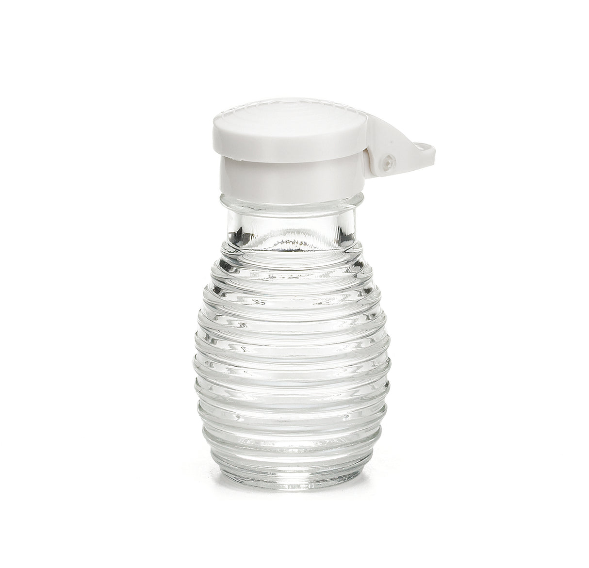 A small, clear, ribbed glass syrup dispenser with a white plastic flip-top lid is shown against a plain white background. The bottle is empty, stands upright, and is dishwasher safe for easy cleaning.
